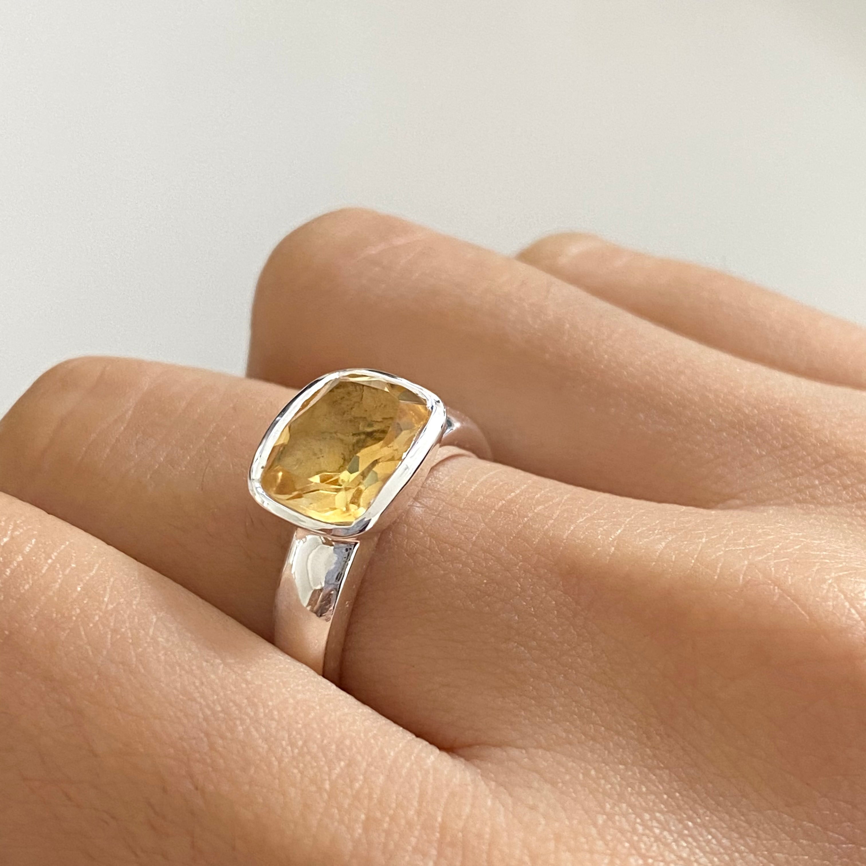 Faceted Rectangular Cut Natural Gemstone Sterling Silver Ring - Citrine