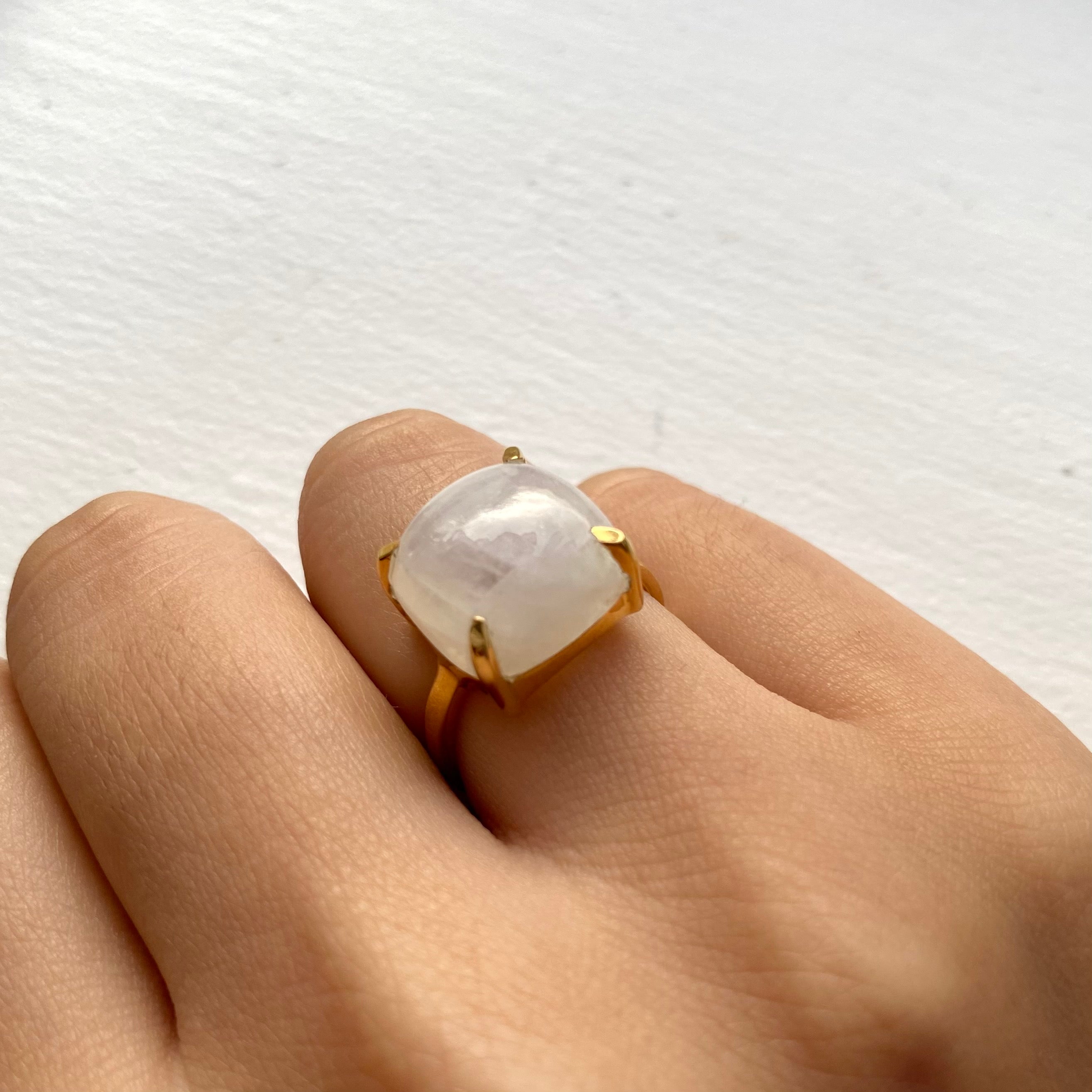 Square Cabochon Moonstone Ring in Gold Plated Sterling Silver