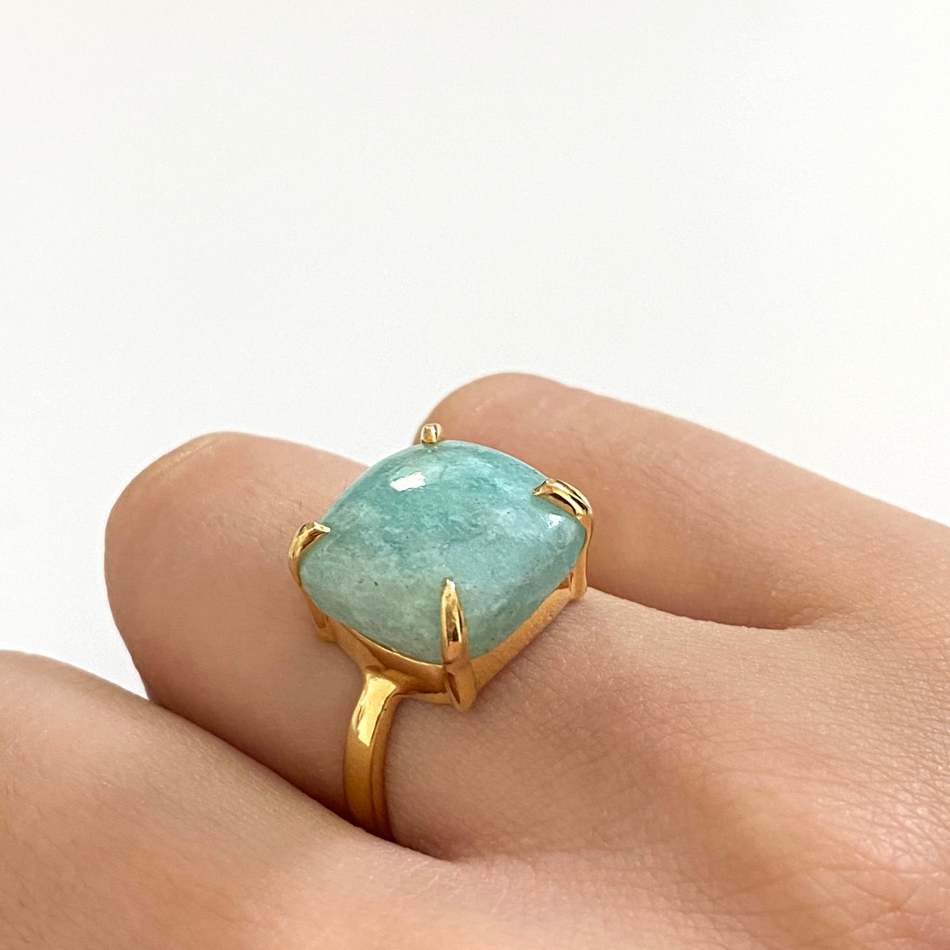 Square Cabochon Amazonite Ring in Gold Plated Sterling Silver