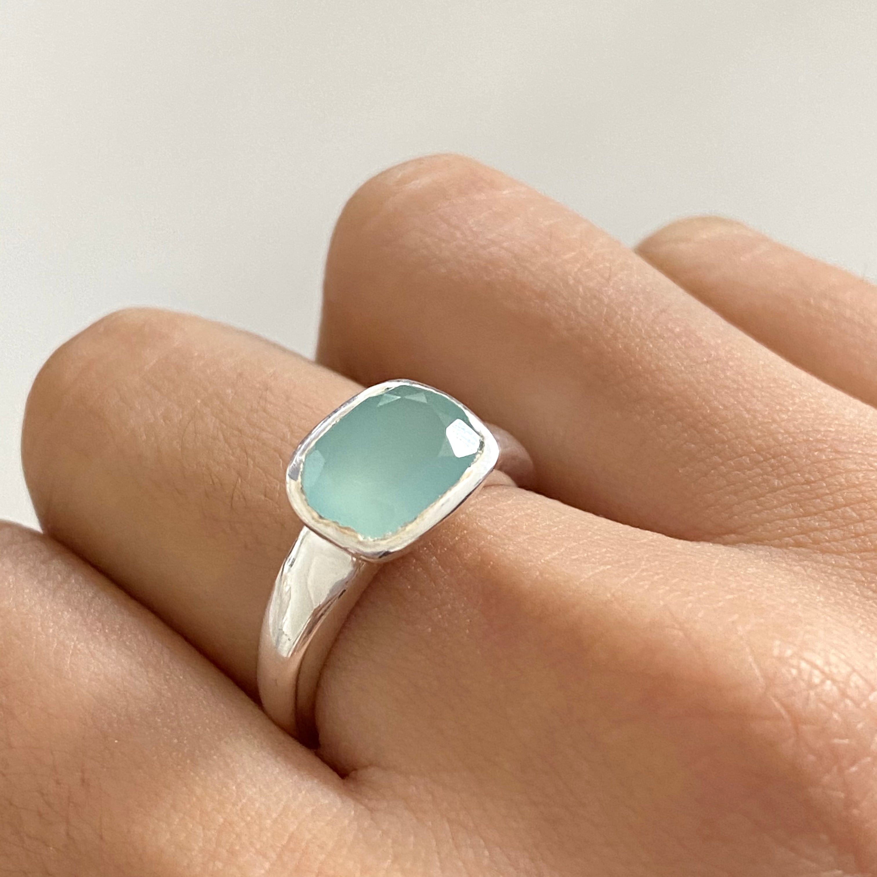 Faceted Rectangular Cut Natural Gemstone Sterling Silver Ring - Aqua Chalcedony
