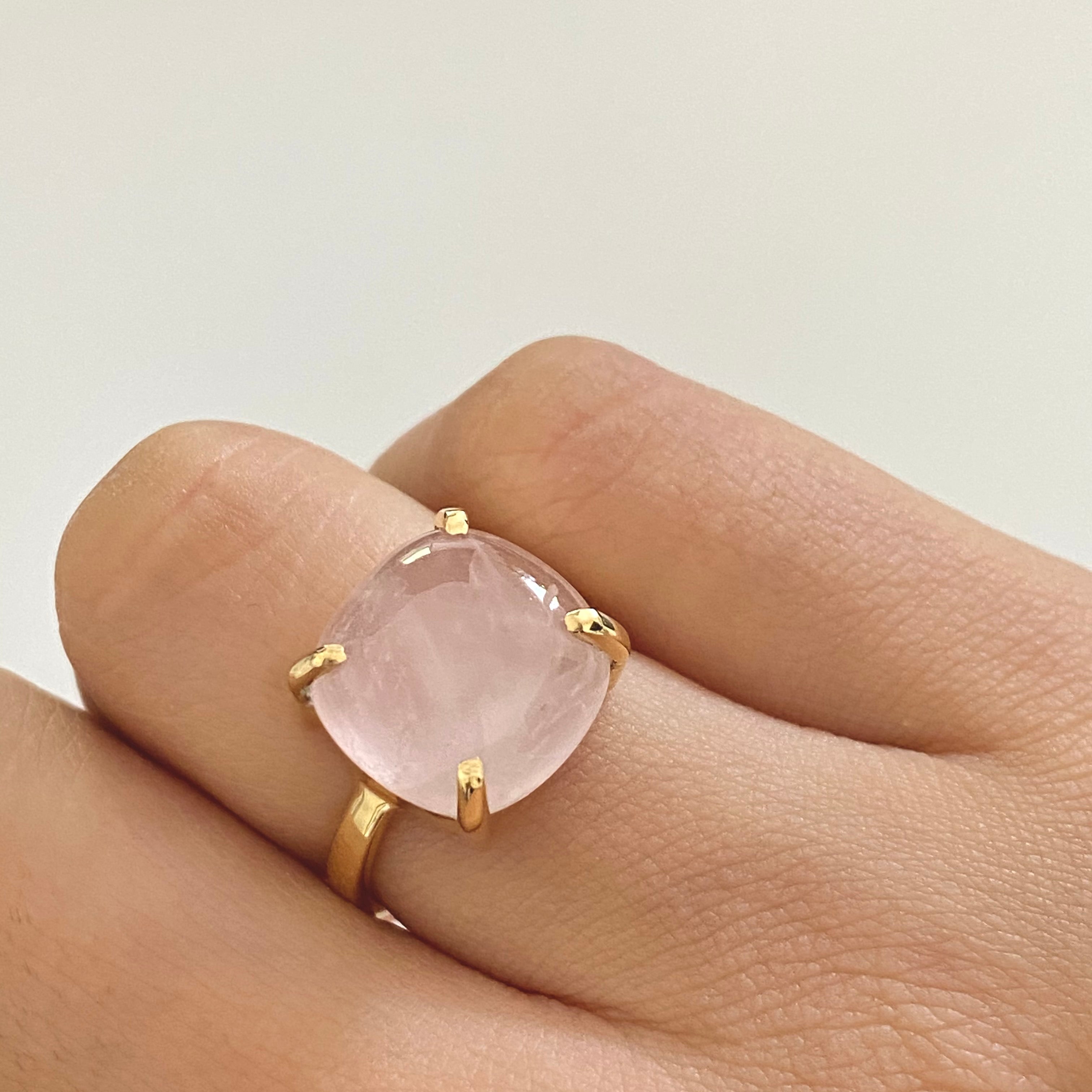 Square Cabochon Rose Quartz Ring in Gold Plated Sterling Silver