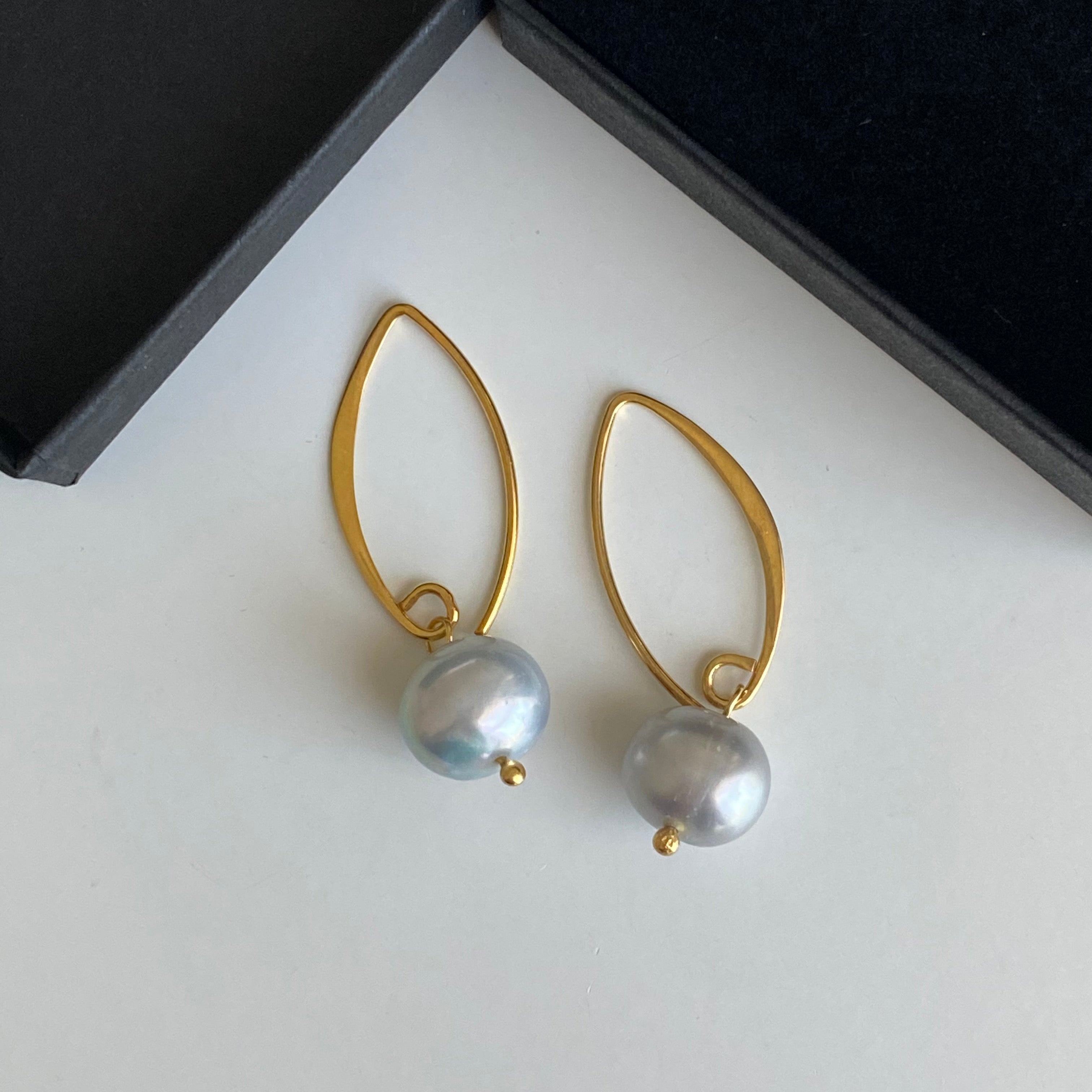 Gold Plated Sterling Silver Threader Earrings - Grey Pearl