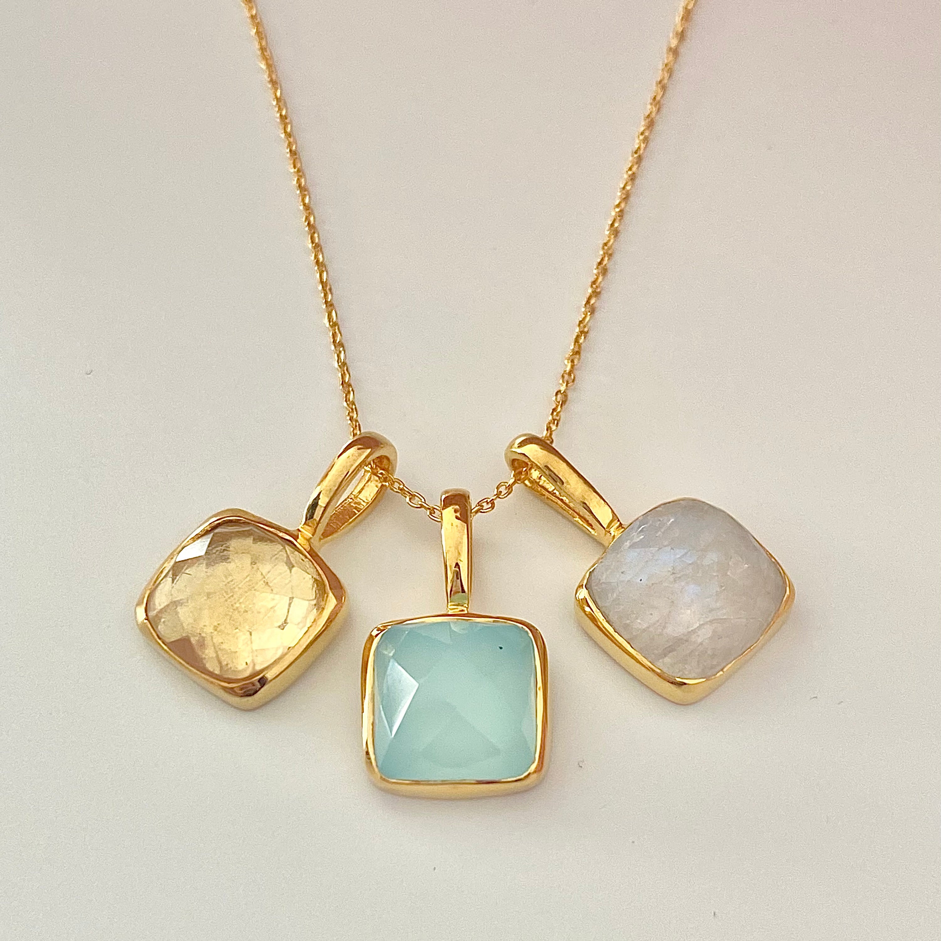 Gold Plated Sterling Silver Pendant Necklace with a Faceted Square Gemstone - Aqua Chalcedony