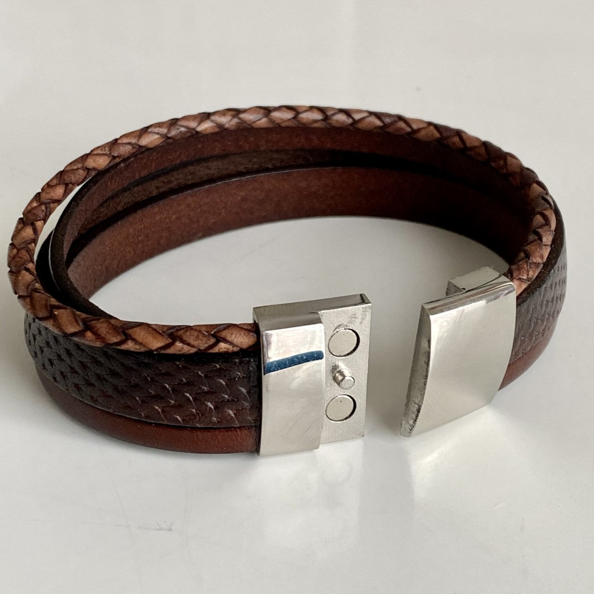 Brown Nappa Leather Men's Bracelet with a Magnetic Stainless Steel Clasp