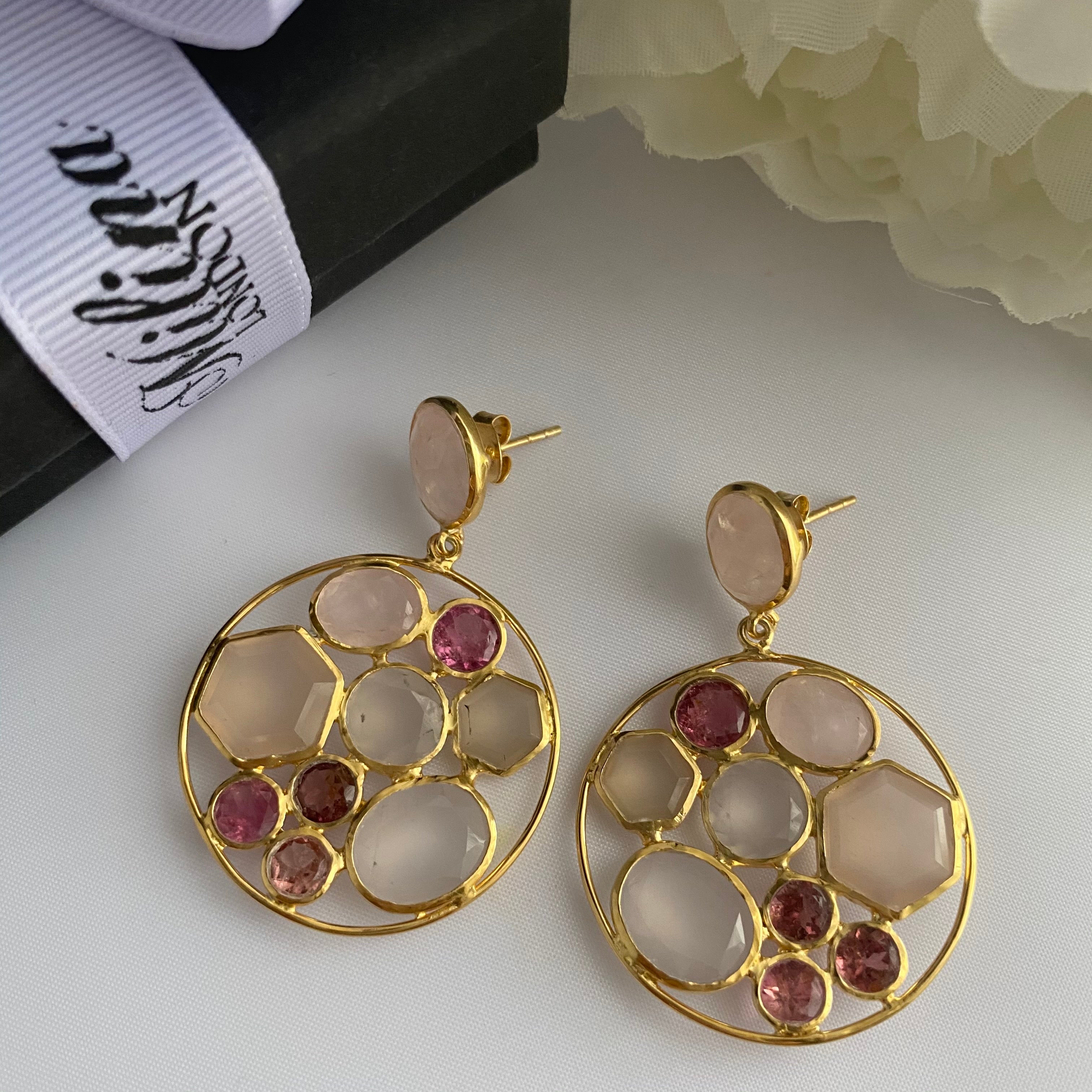 Long Gemstone Earrings with a Round Disc Drop with Stones in Gold Plated Sterling Silver - Rose Quartz and Pink Chalcedony