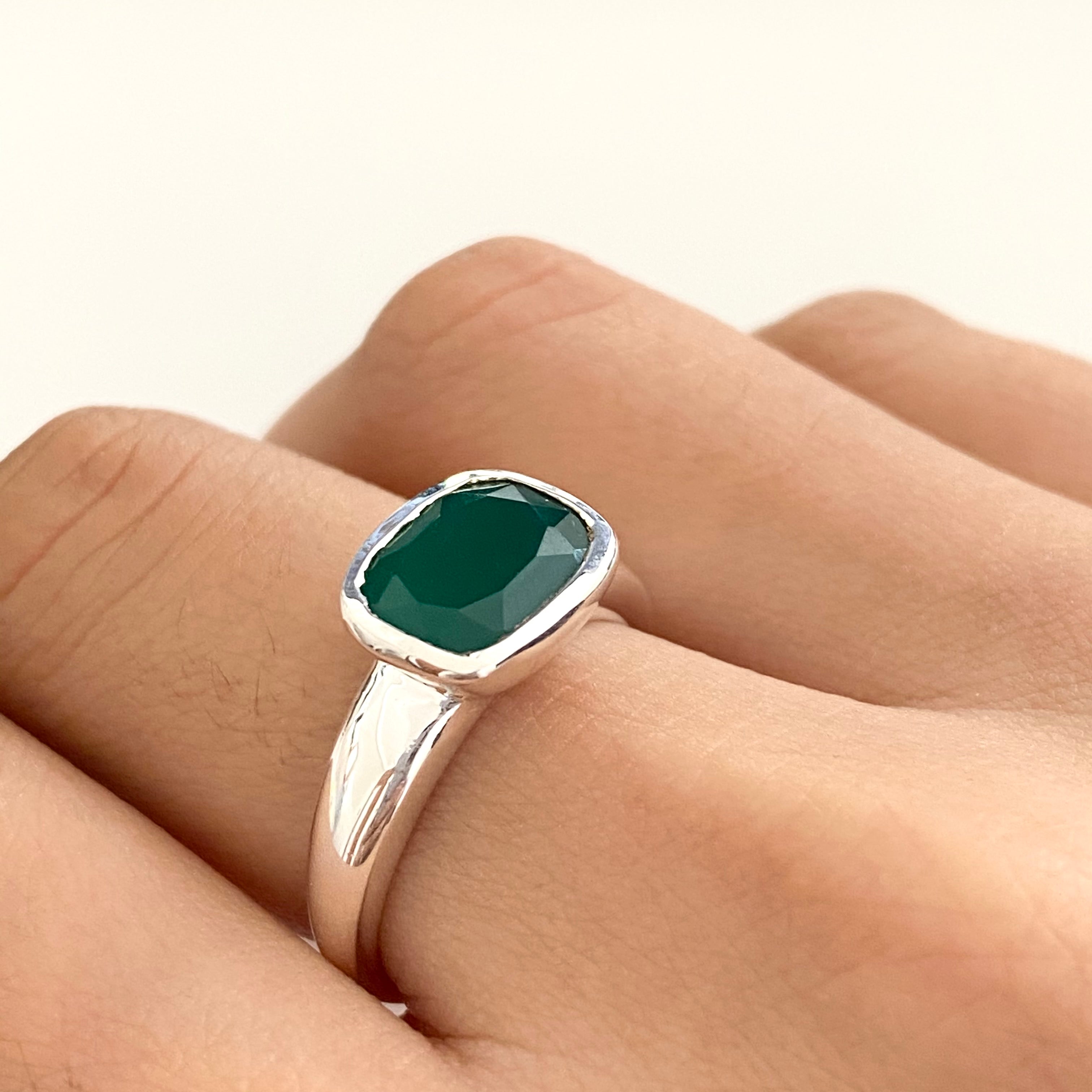 Faceted Rectangular Cut Natural Gemstone Sterling Silver Ring - Green Onyx