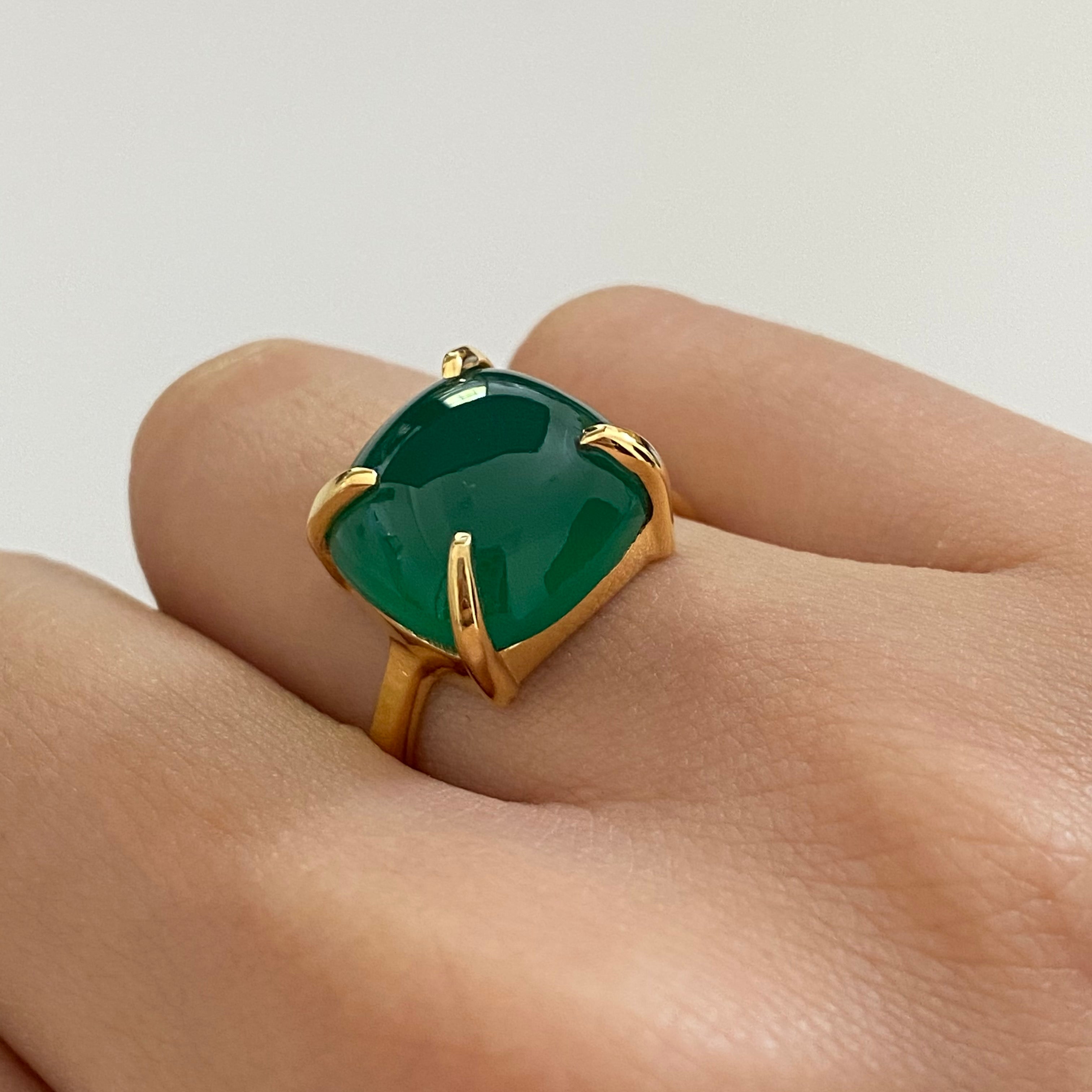 Square Cabochon Green Onyx Ring in Gold Plated Sterling Silver