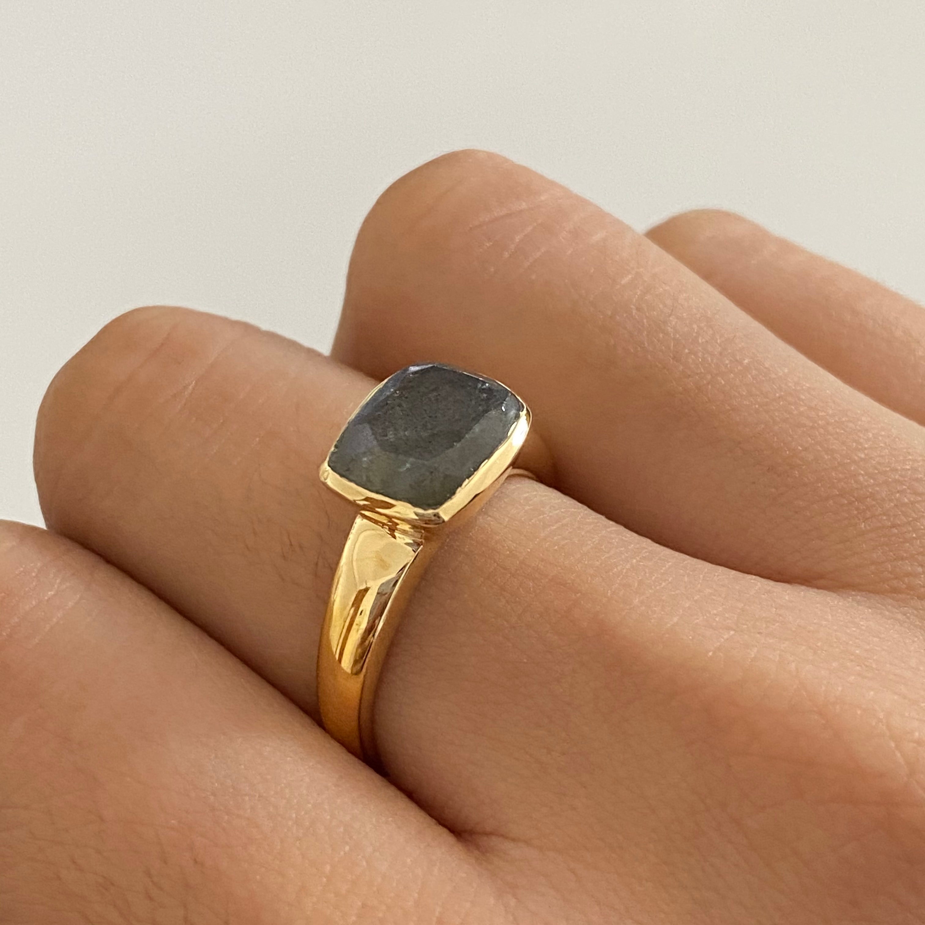 Faceted Rectangular Cut Natural Gemstone Gold Plated Sterling Silver Ring - Labradorite