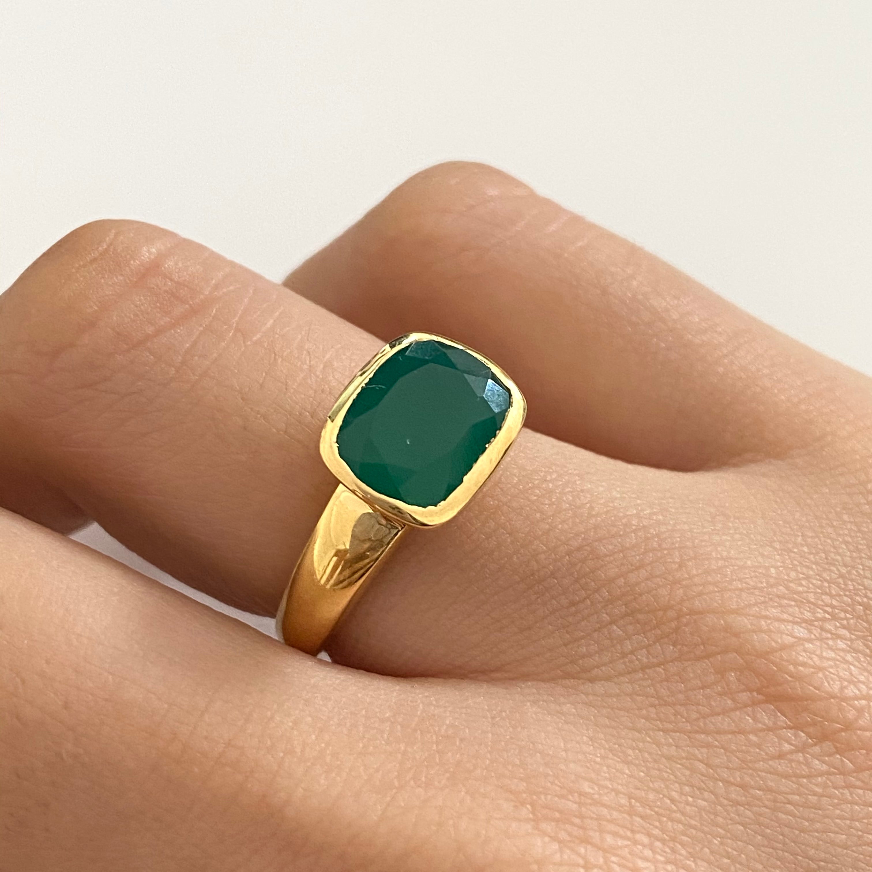 Faceted Rectangular Cut Natural Gemstone Gold Plated Sterling Silver Ring - Green Onyx