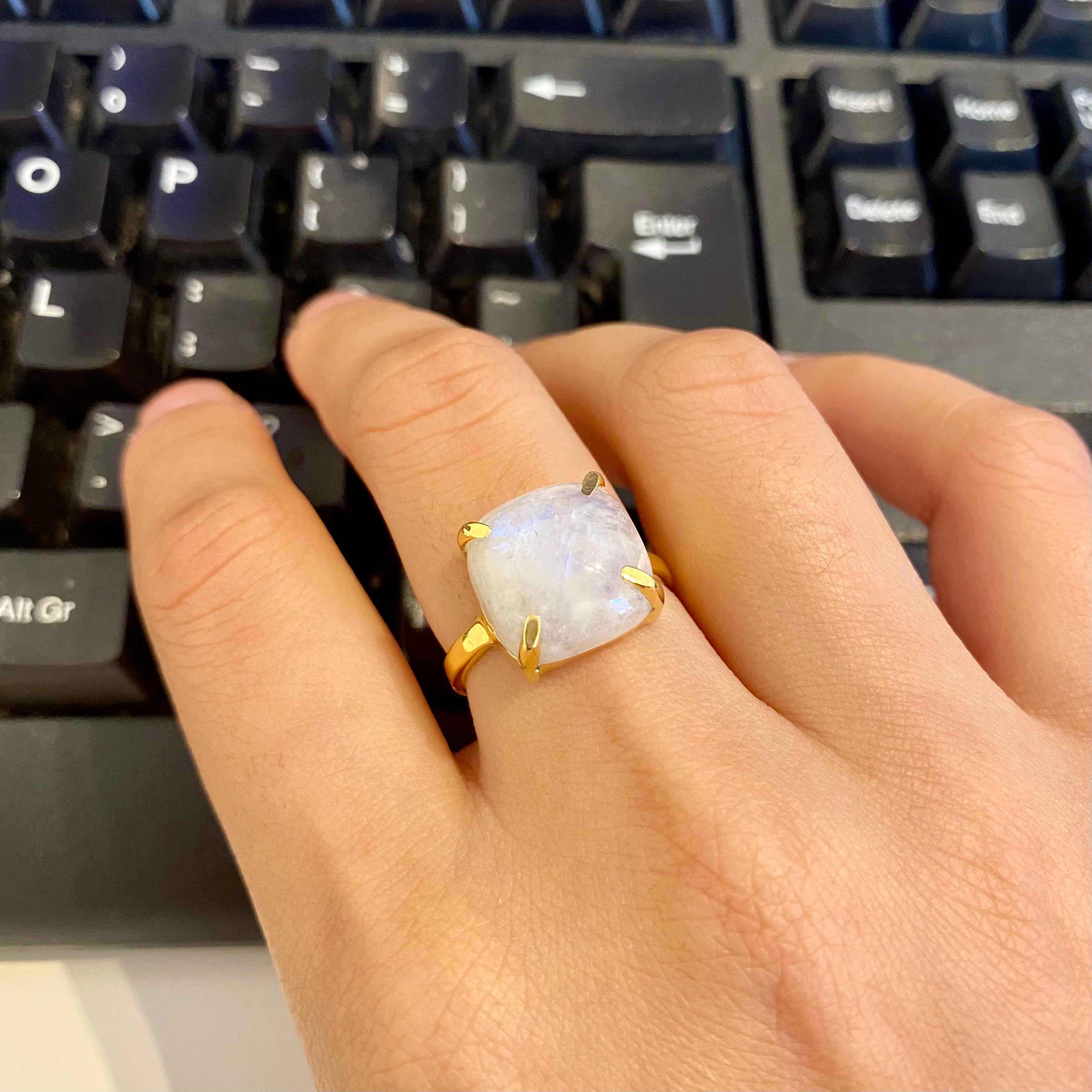 Square Cabochon Moonstone Ring in Gold Plated Sterling Silver