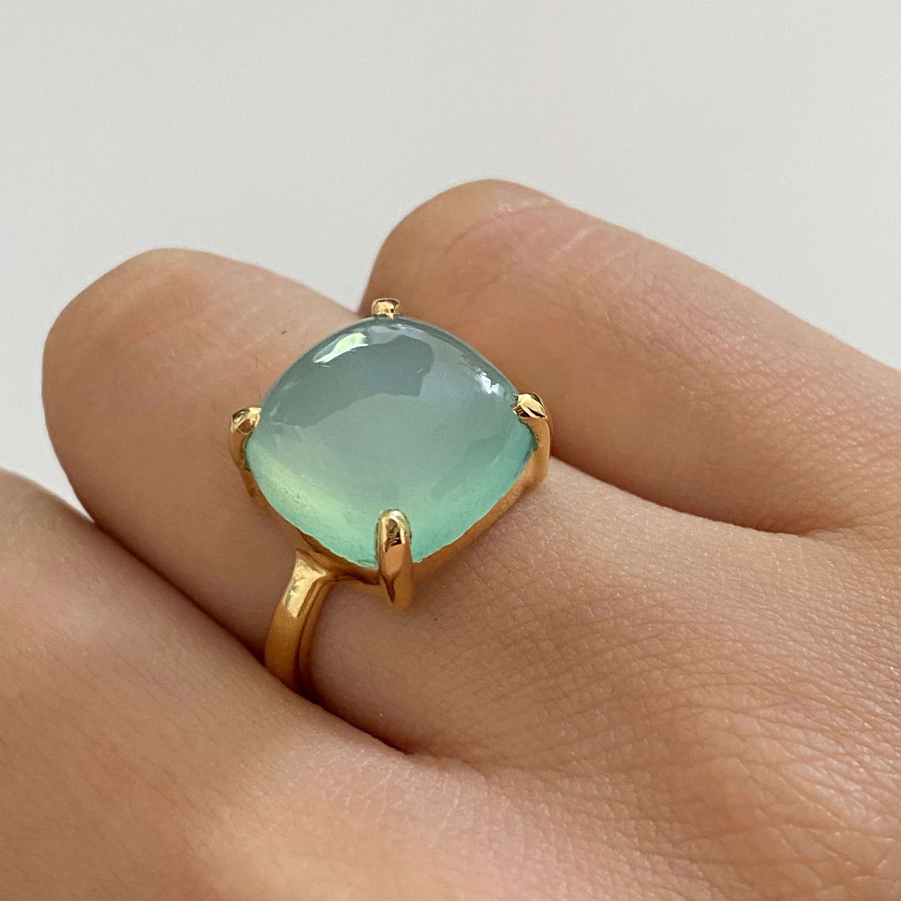 Square Cabochon Aqua Chalcedony Ring in Gold Plated Sterling Silver