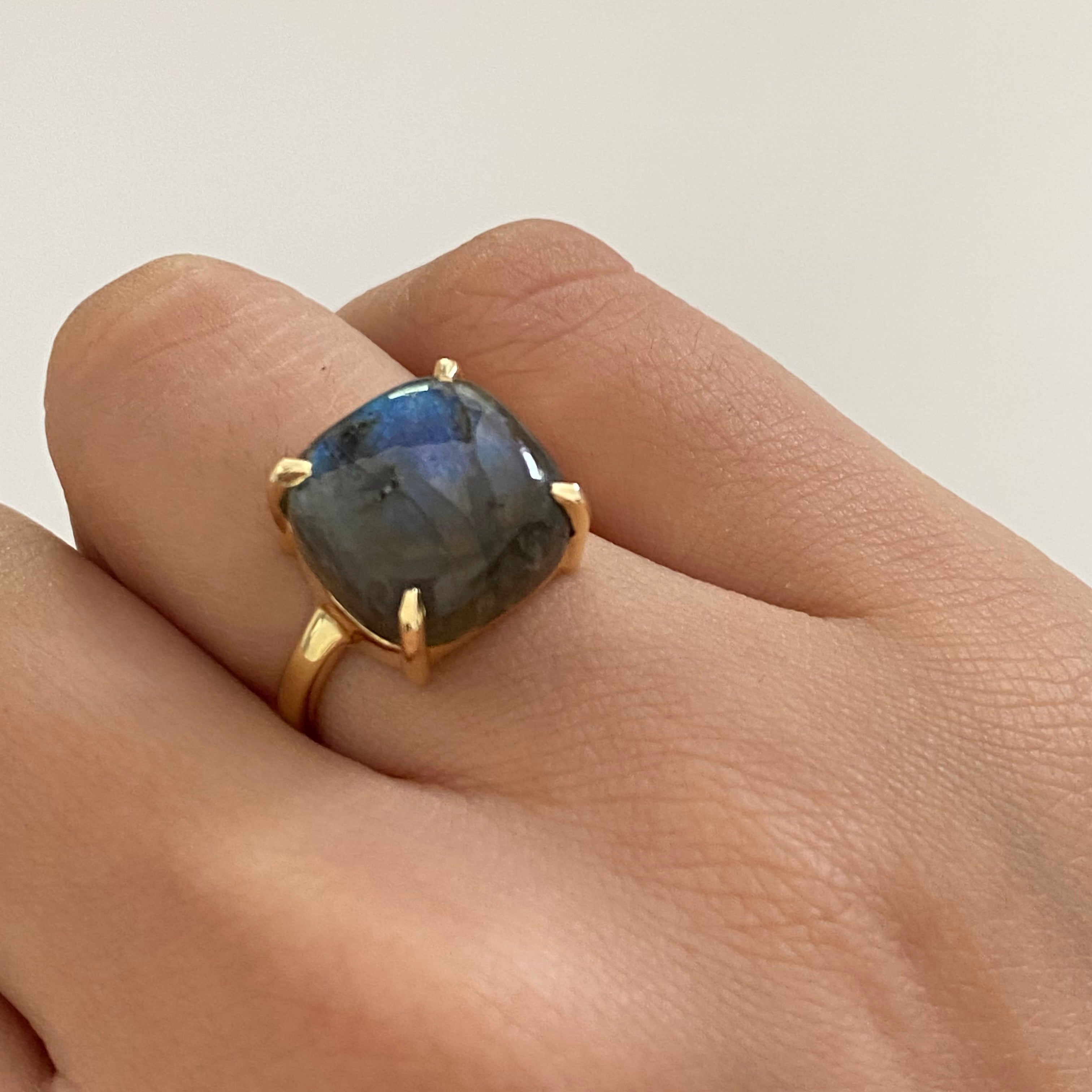 Square Cabochon Labradorite Ring in Gold Plated Sterling Silver