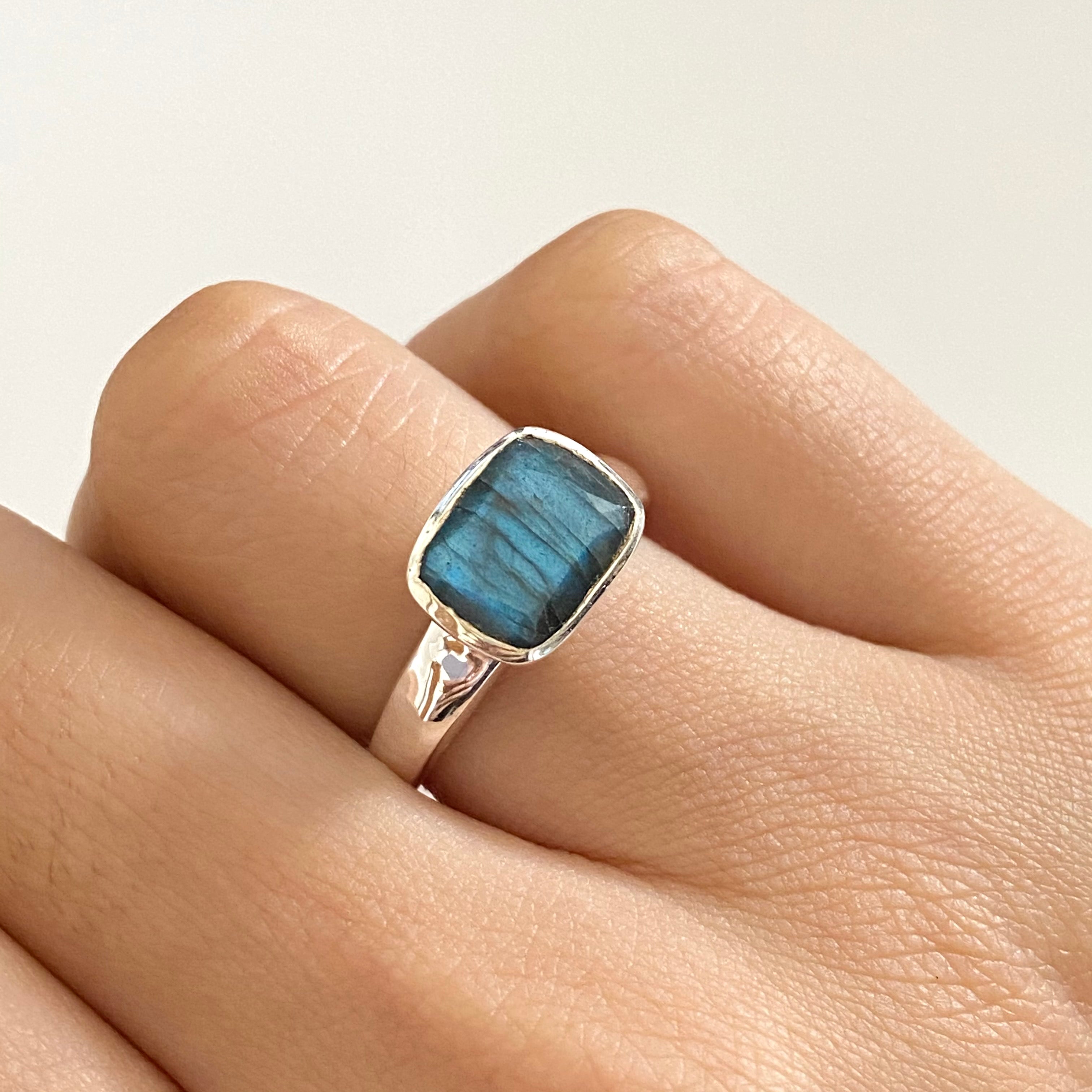 Faceted Rectangular Cut Natural Gemstone Sterling Silver Ring - Labradorite