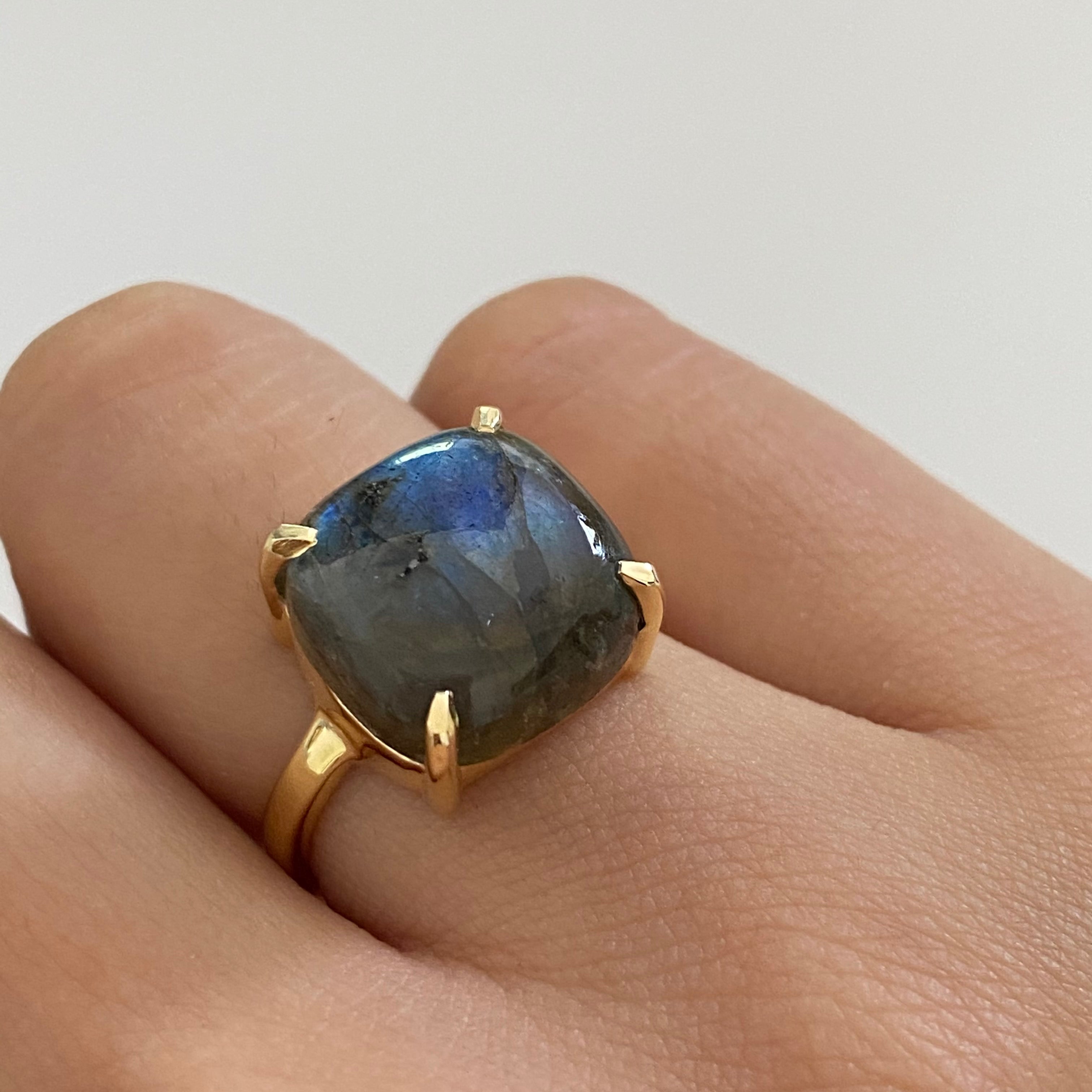 Square Cabochon Labradorite Ring in Gold Plated Sterling Silver