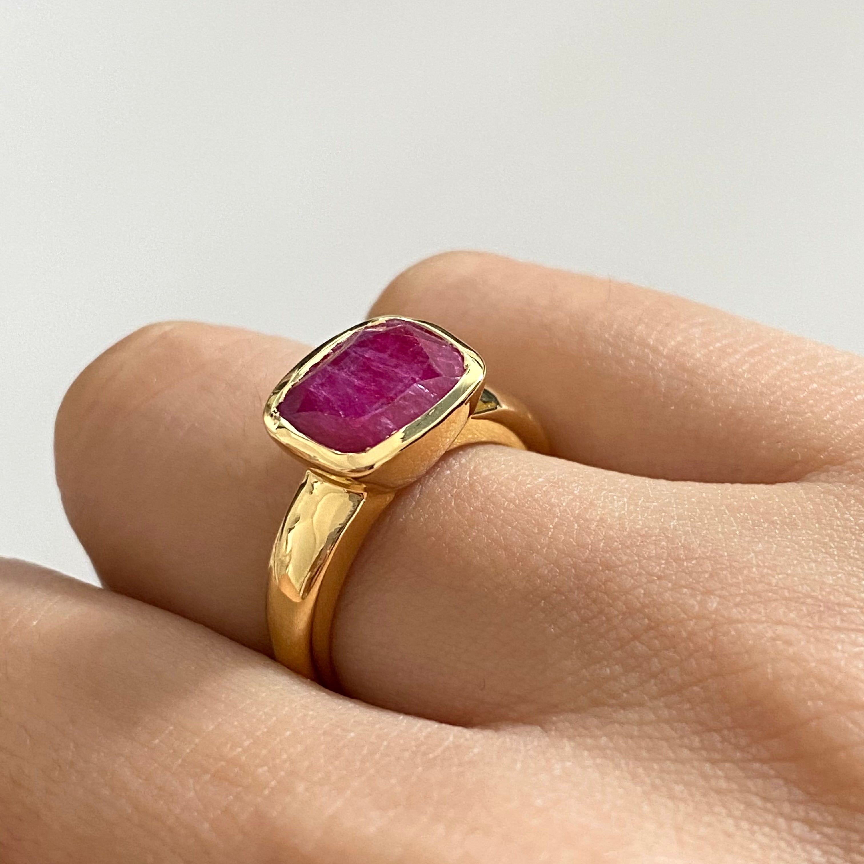 Faceted Rectangular Cut Natural Gemstone Gold Plated Sterling Silver Ring - Ruby Quartz