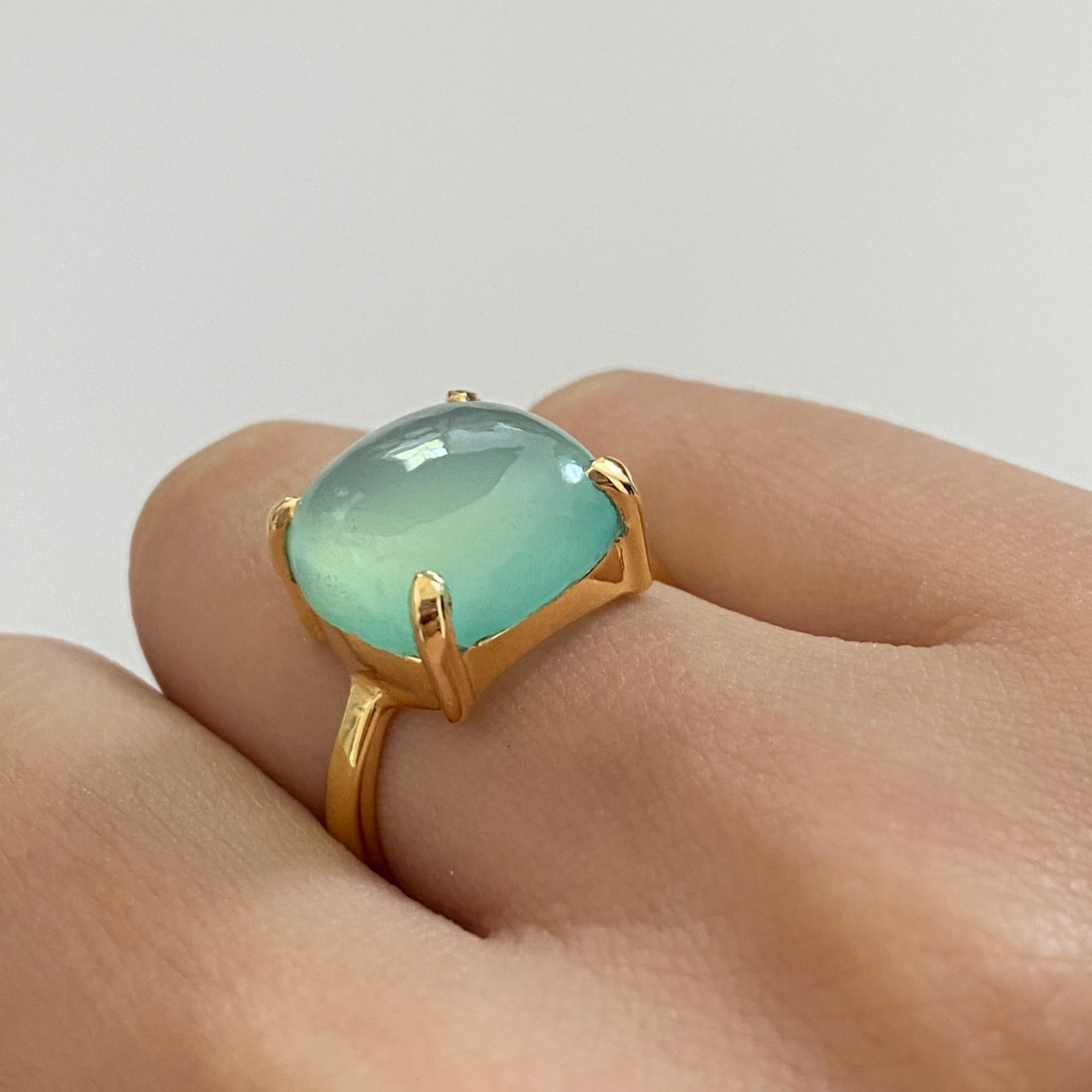 Square Cabochon Aqua Chalcedony Ring in Gold Plated Sterling Silver