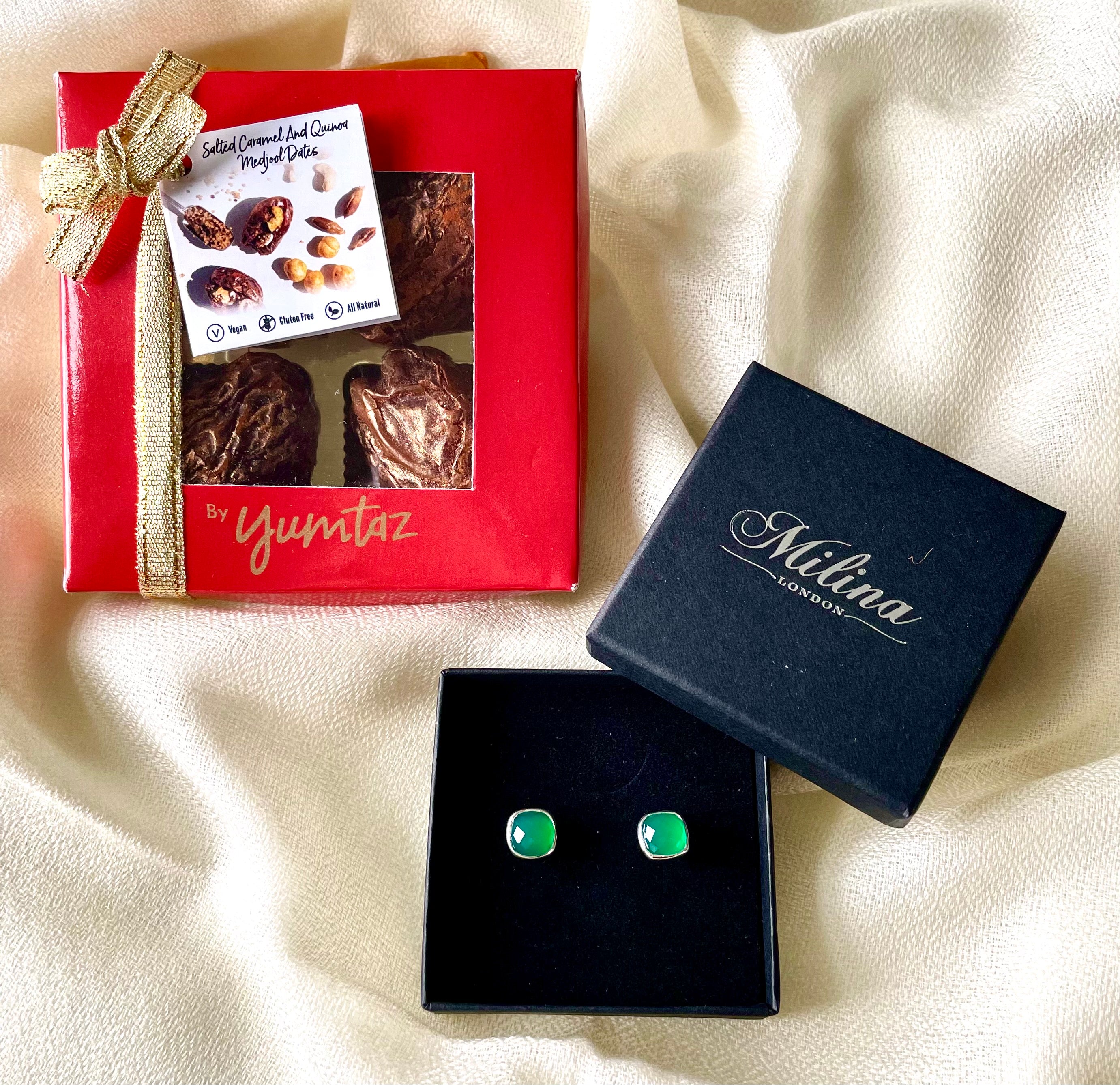 Green Onyx Studs in Sterling Silver with a box of 4 Stuffed Medjool Dates