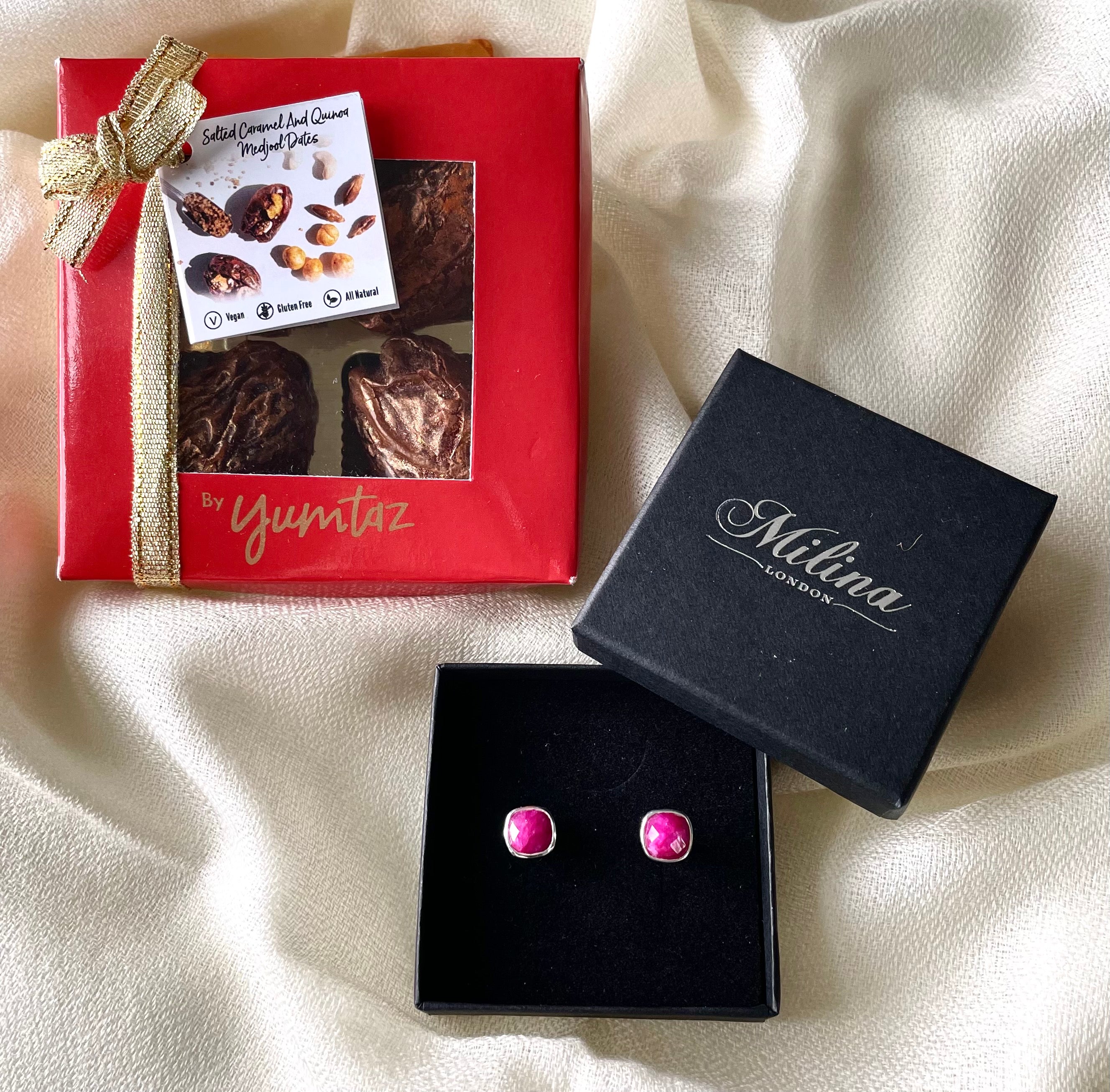 Ruby Quartz Studs in Sterling Silver with a box of 4 Stuffed Medjool Dates