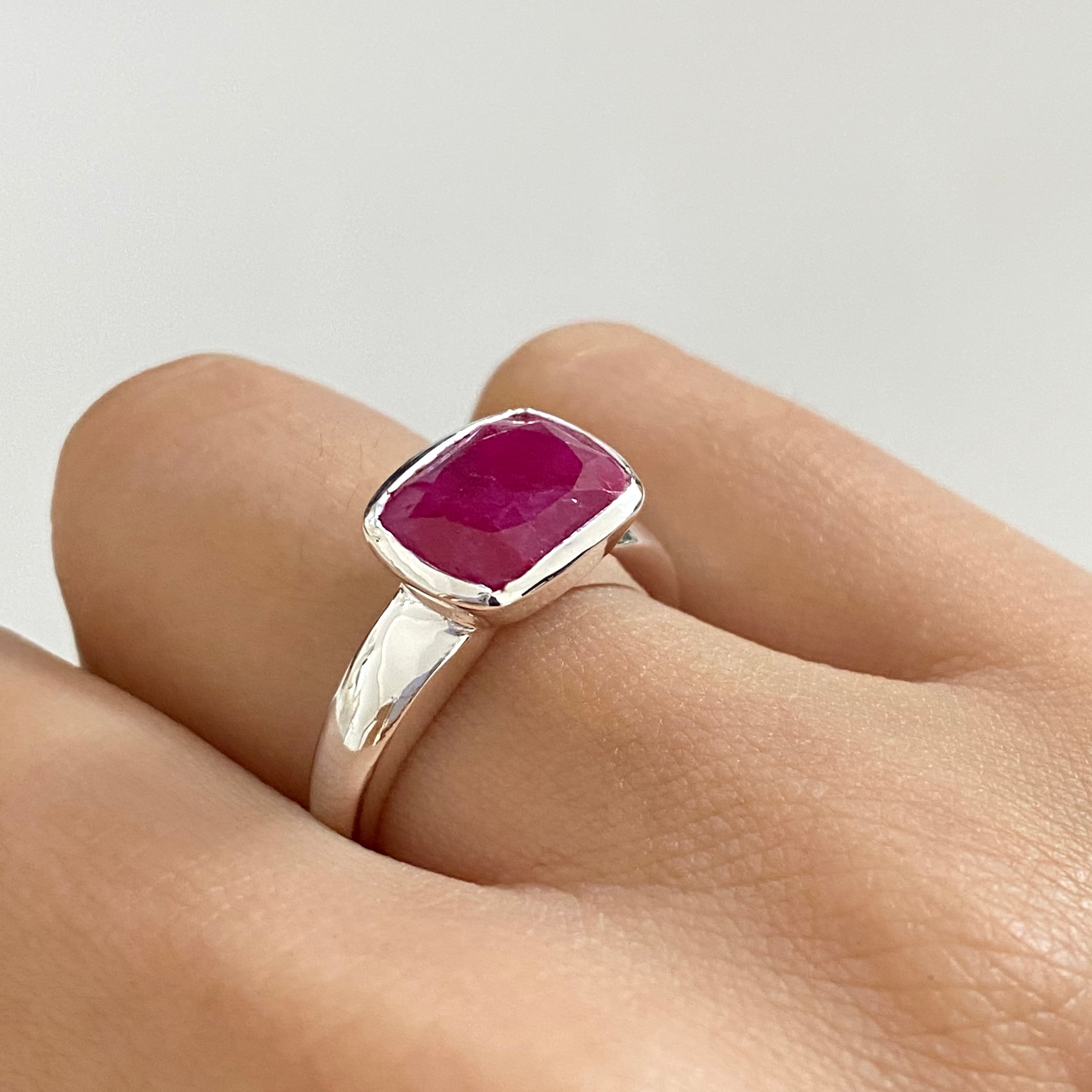 Faceted Rectangular Cut Natural Gemstone Sterling Silver Ring - Ruby Quartz