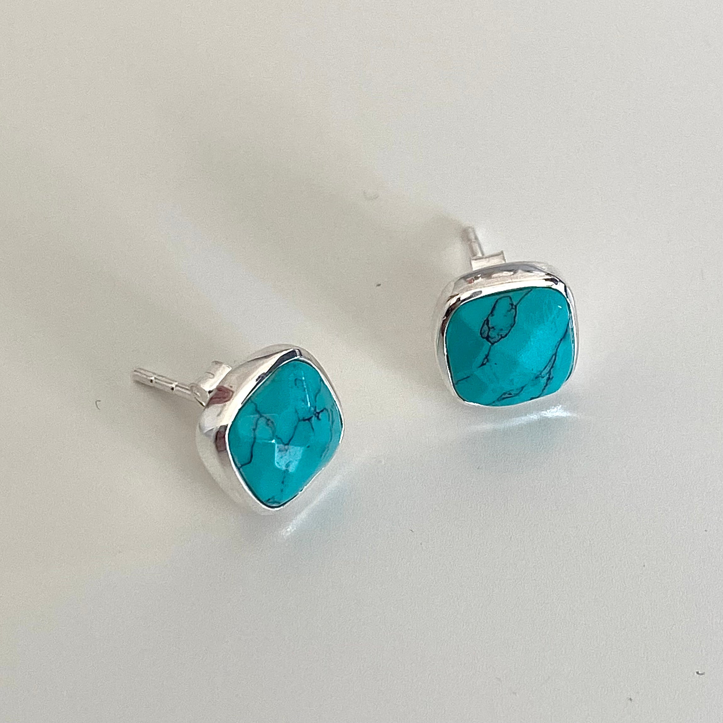 Faceted Square Turquoise Gemstone Stud Earrings in Sterling Silver