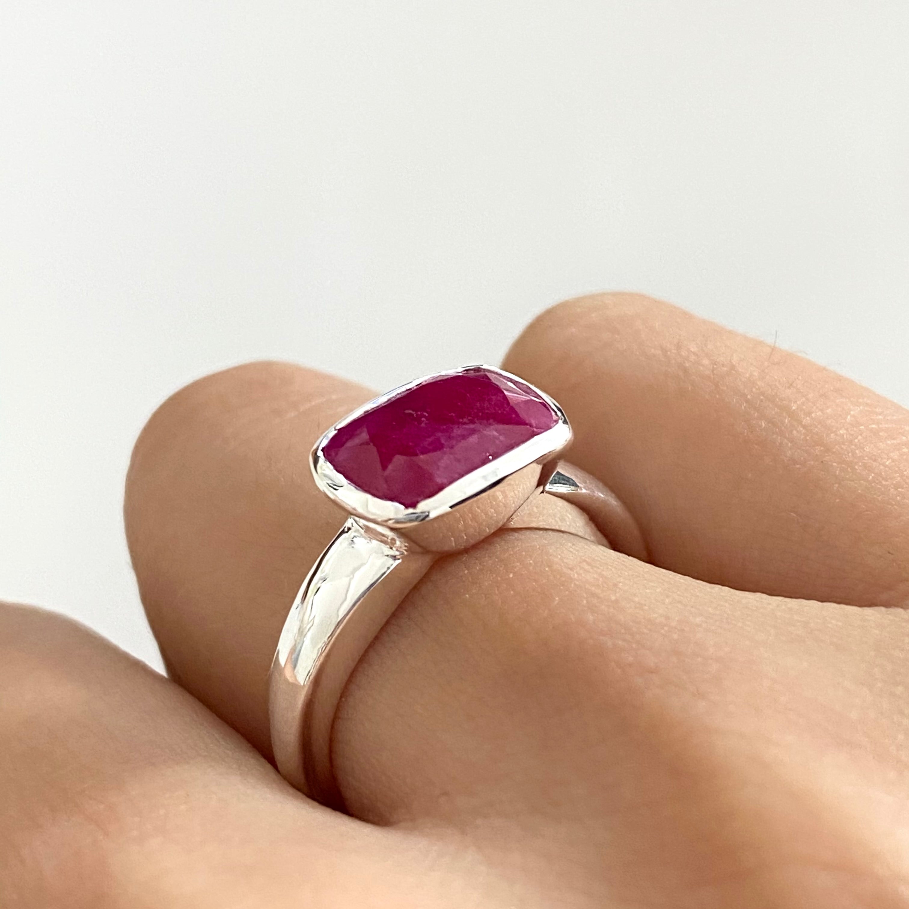 Faceted Rectangular Cut Natural Gemstone Sterling Silver Ring - Ruby Quartz