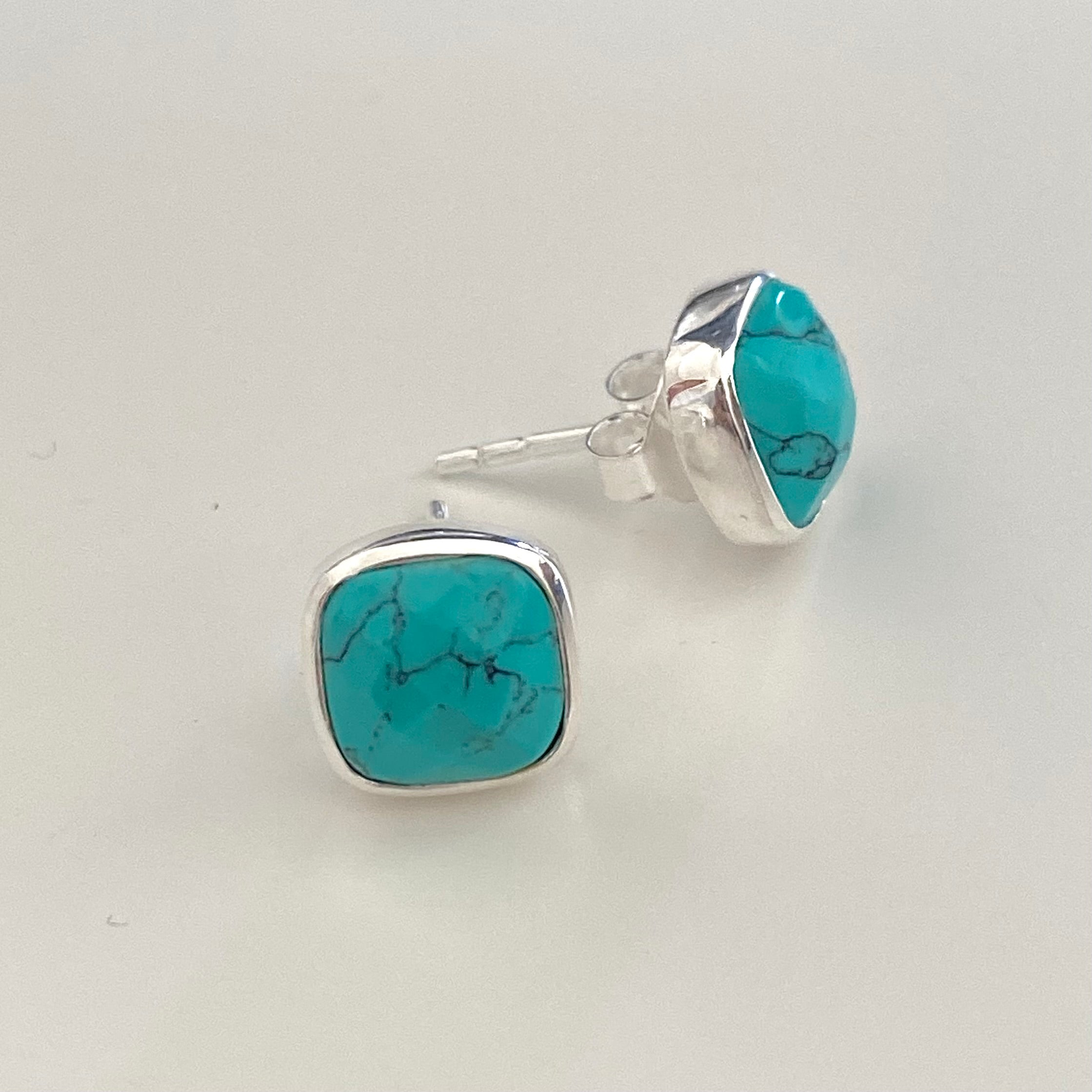 Faceted Square Turquoise Gemstone Stud Earrings in Sterling Silver