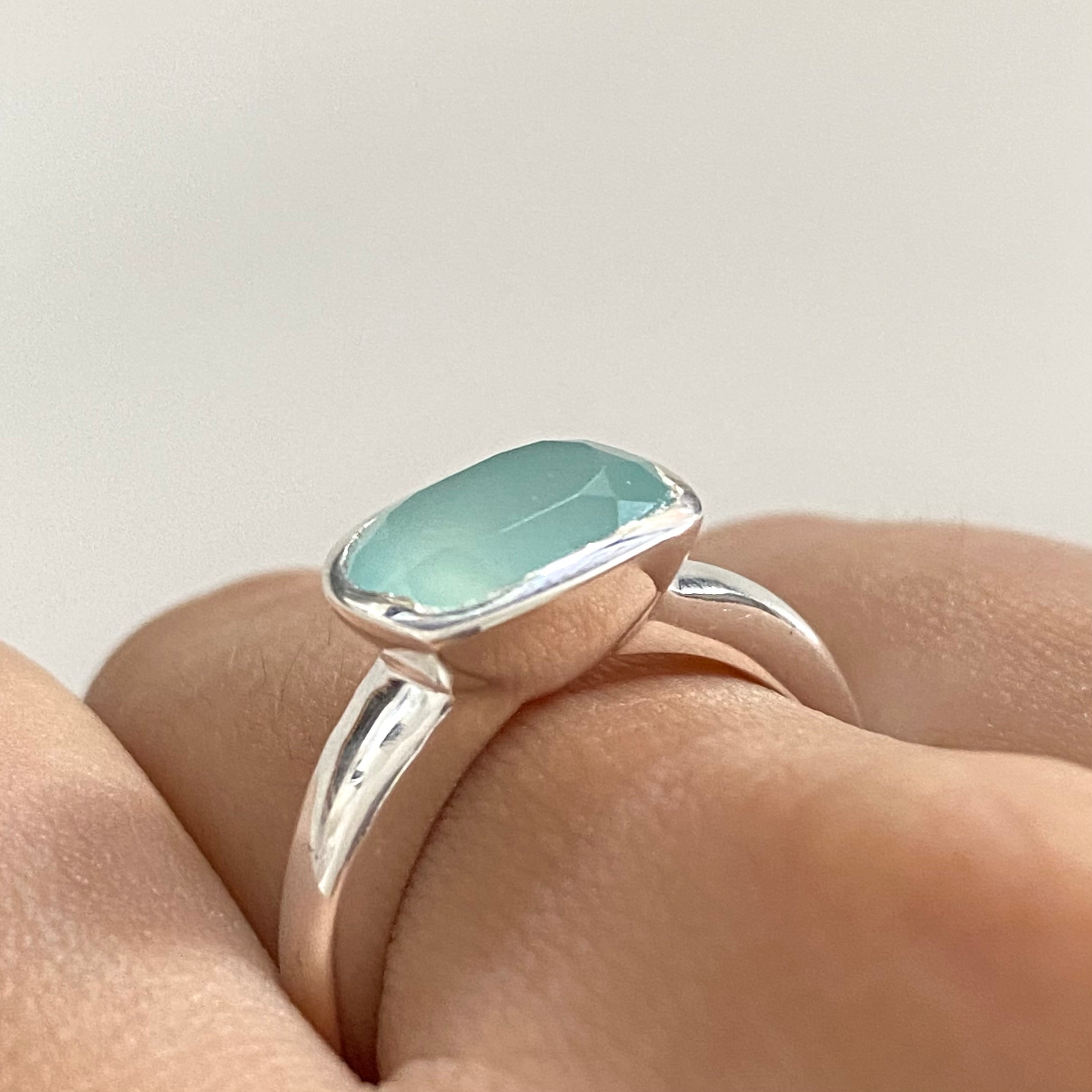 Faceted Rectangular Cut Natural Gemstone Sterling Silver Ring - Aqua Chalcedony