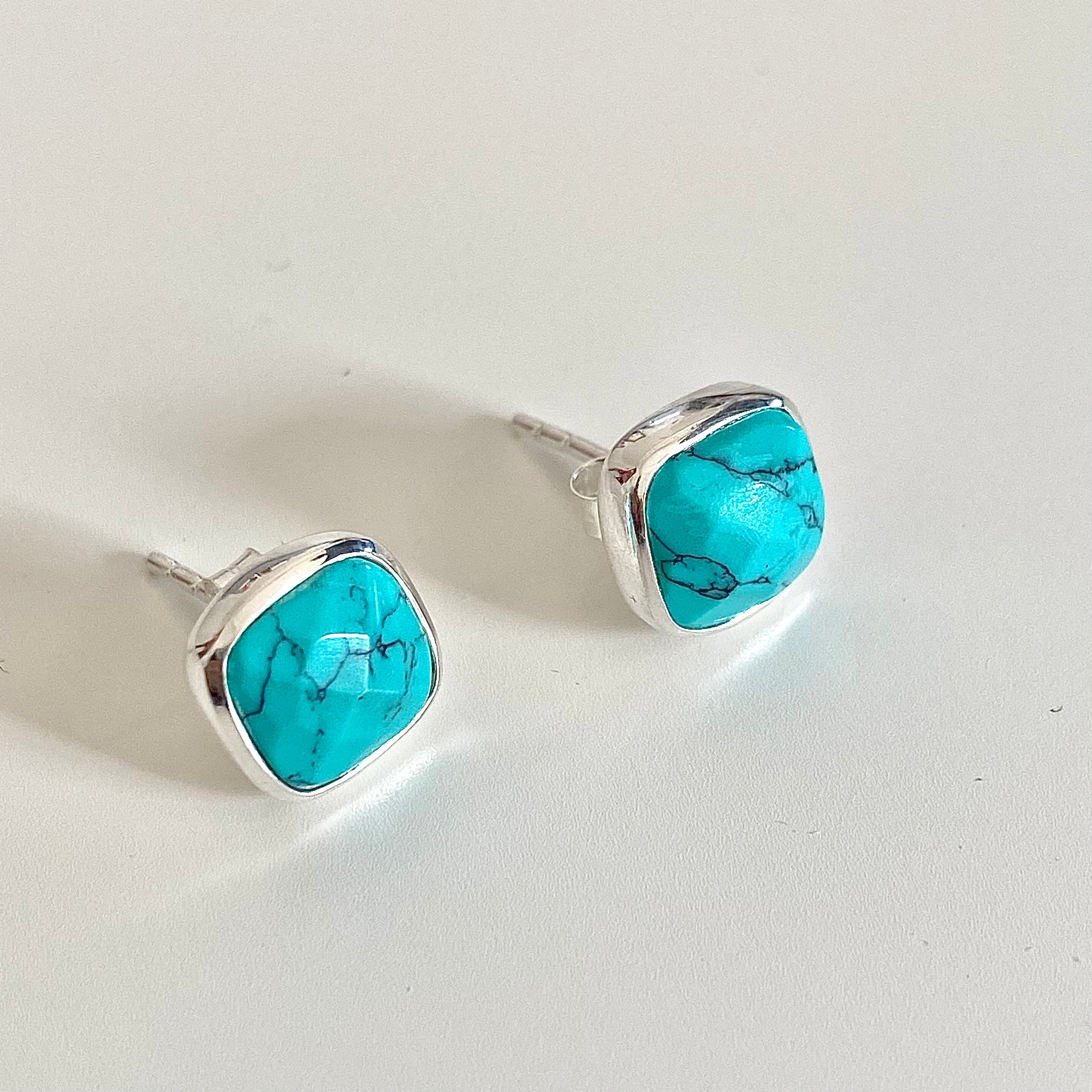 Faceted Square Turquoise Gemstone Stud Earrings in Sterling Silver