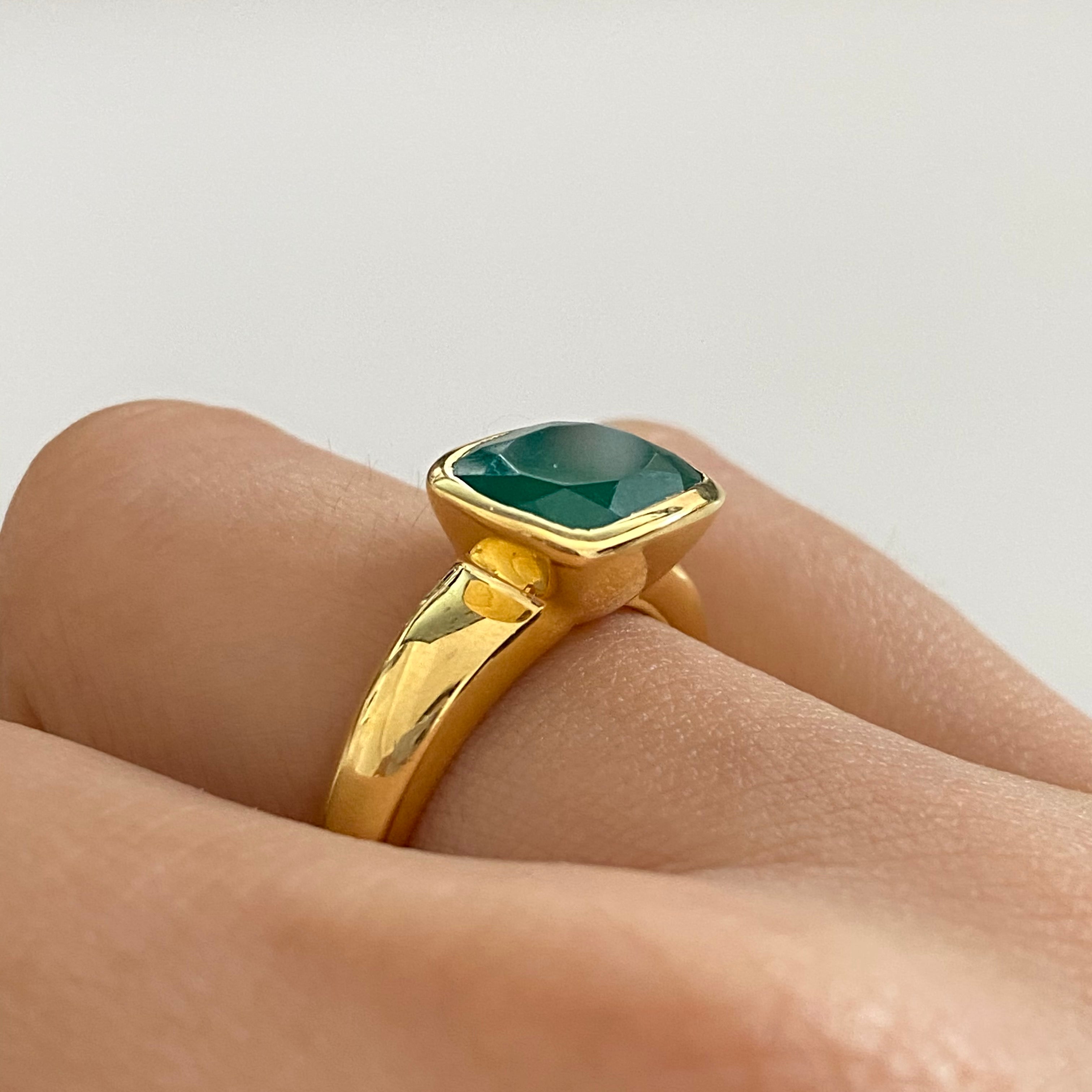 Faceted Rectangular Cut Natural Gemstone Gold Plated Sterling Silver Ring - Green Onyx