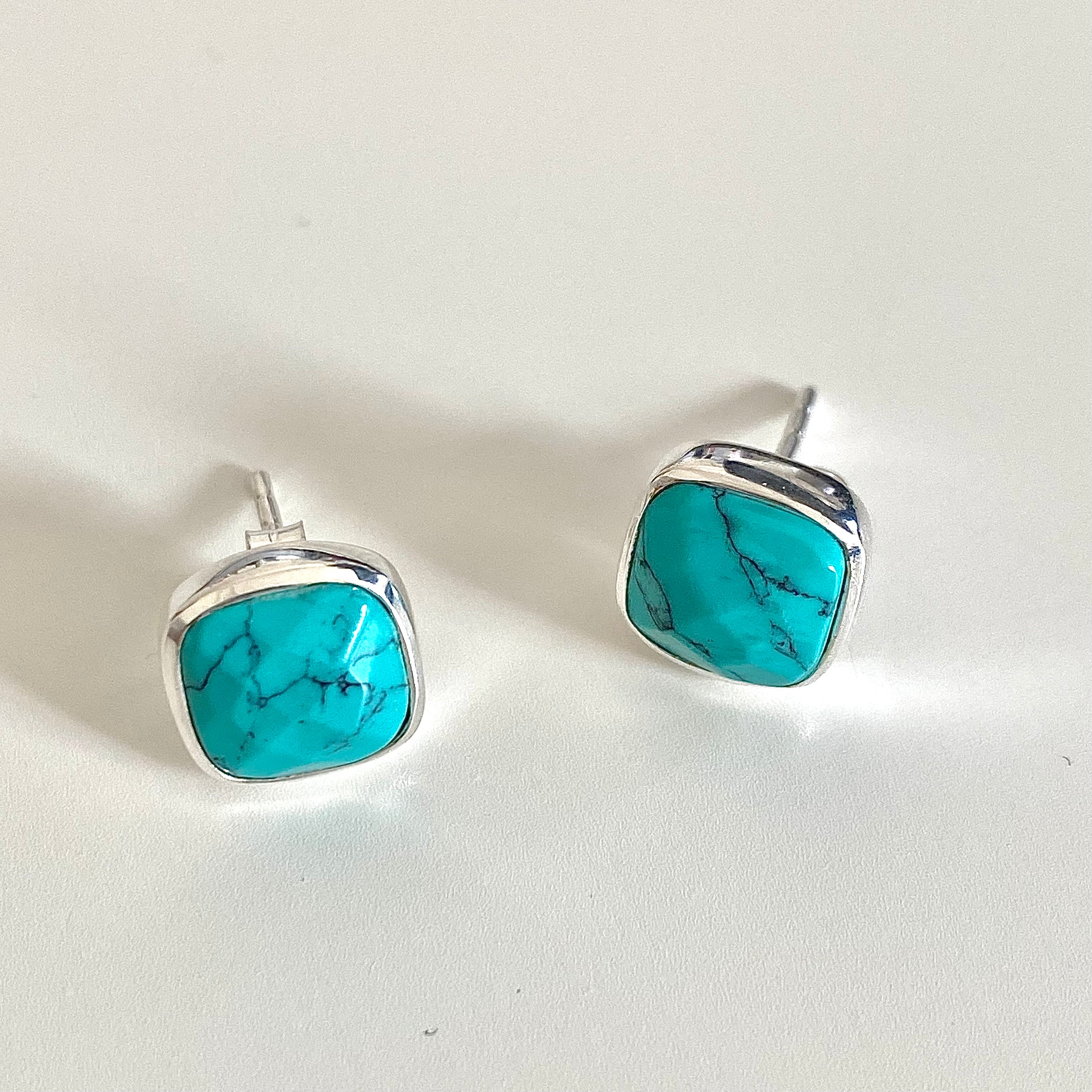 Faceted Square Turquoise Gemstone Stud Earrings in Sterling Silver