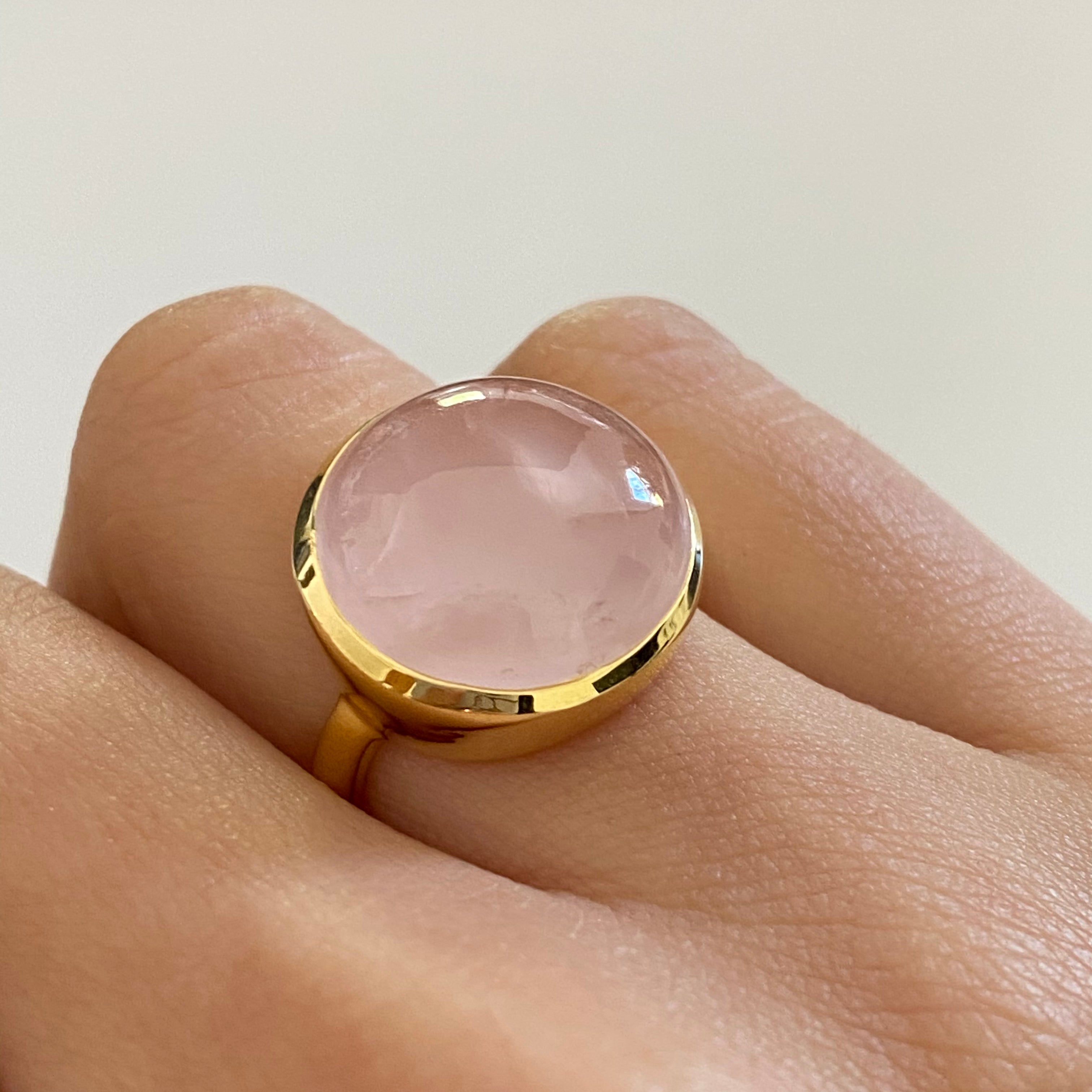 Cabochon Round Cut Natural Gemstone Gold Plated Sterling Silver Ring - Rose Quartz