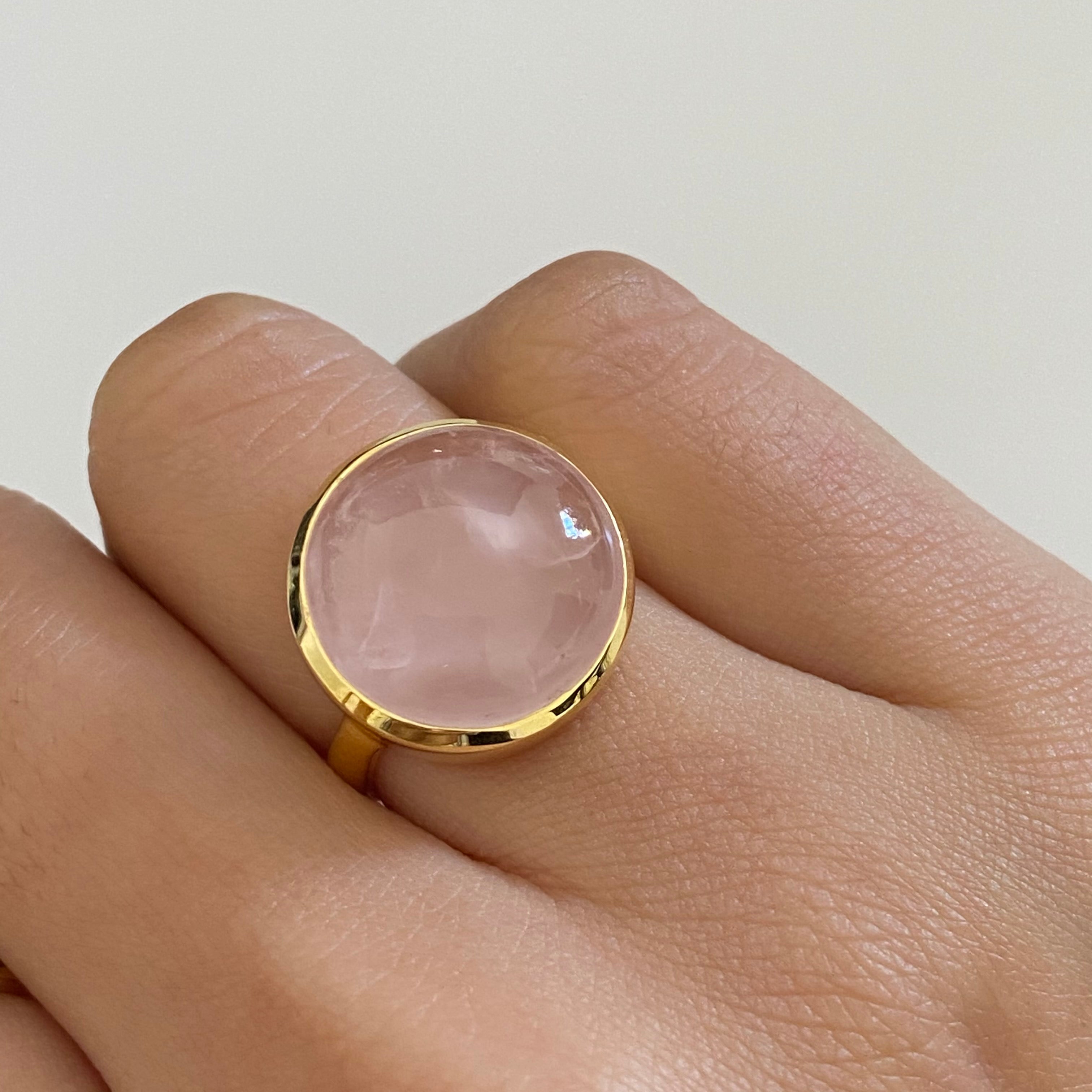 Cabochon Round Cut Natural Gemstone Gold Plated Sterling Silver Ring - Rose Quartz