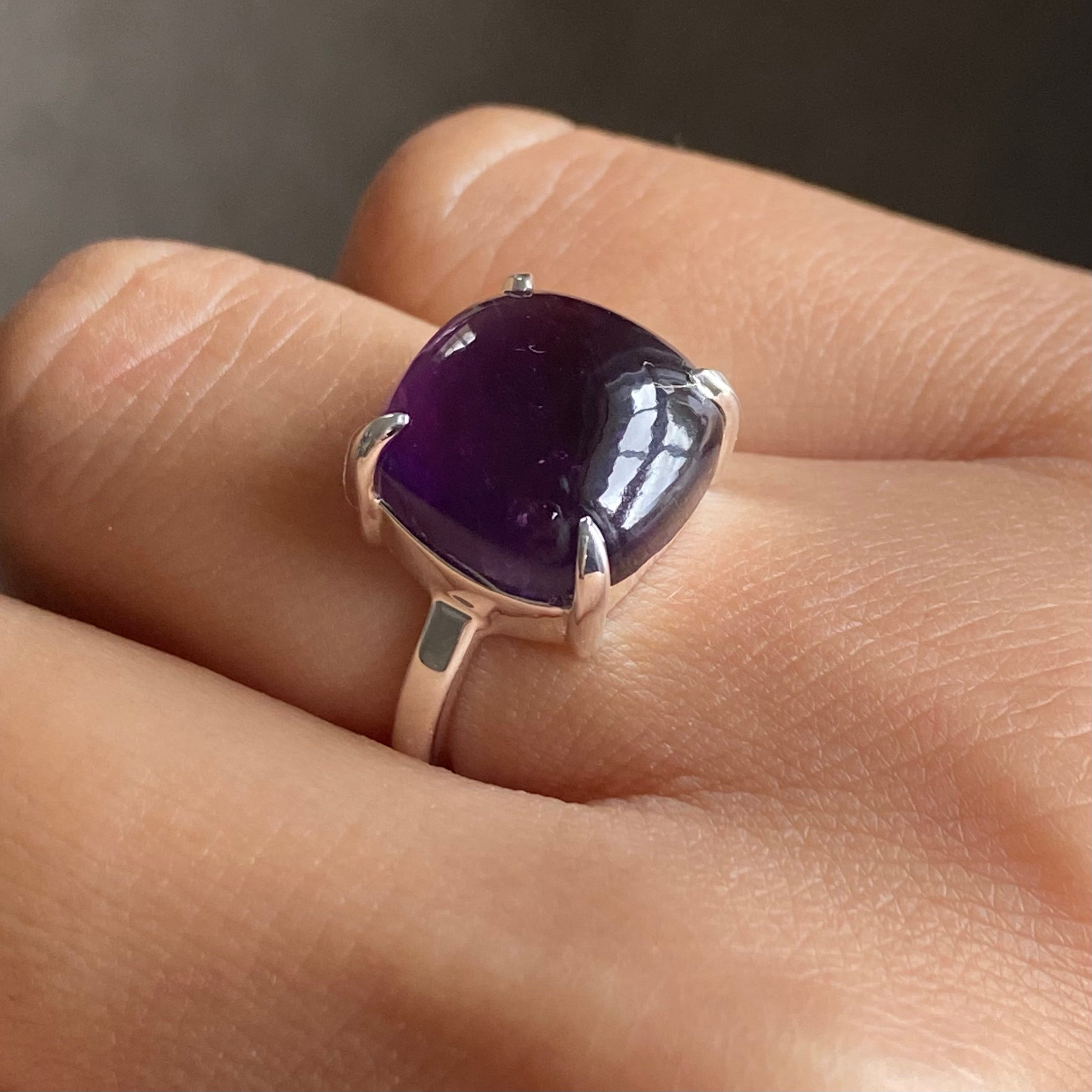 Square Cabochon Amethyst Ring in Sterling Silver