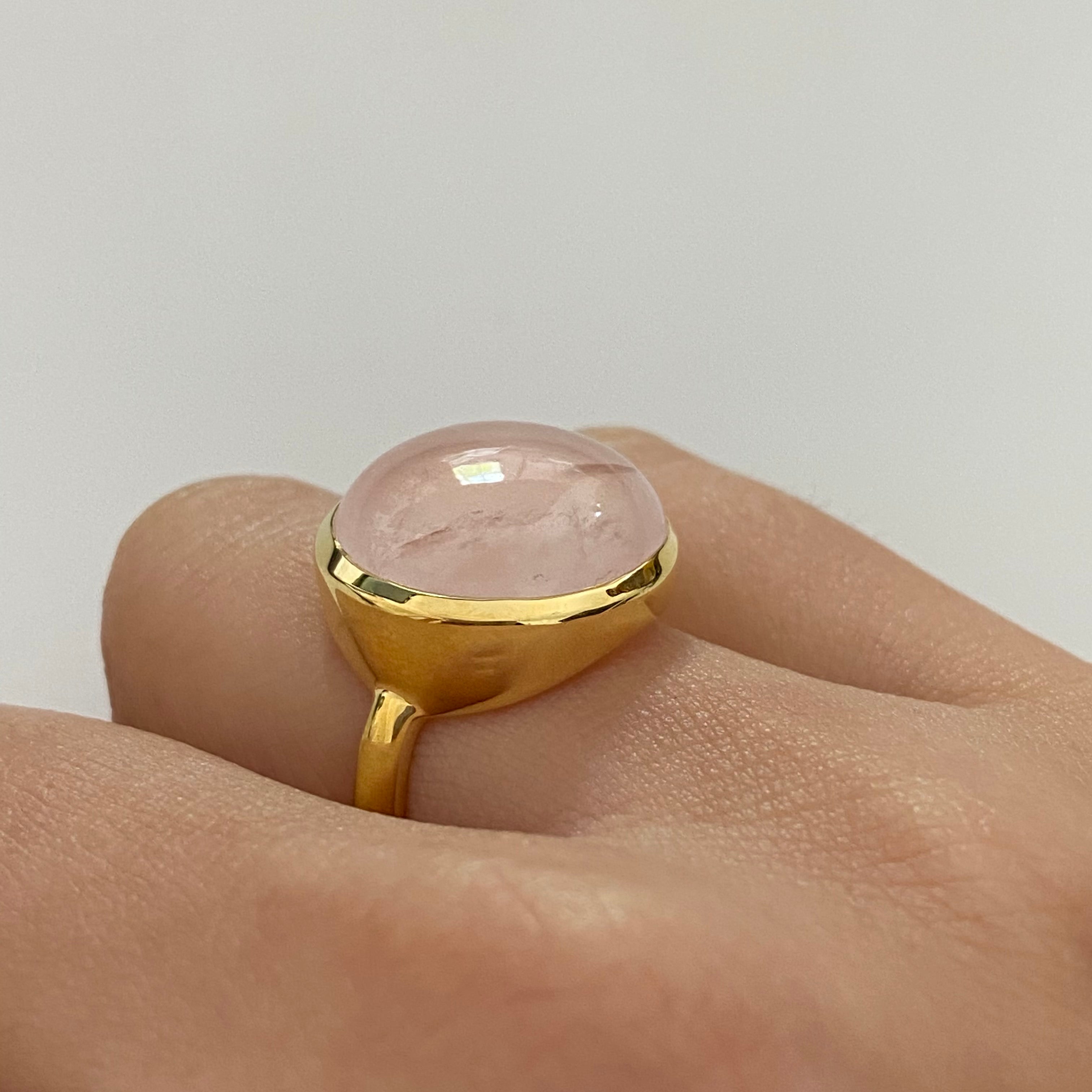 Cabochon Round Cut Natural Gemstone Gold Plated Sterling Silver Ring - Rose Quartz