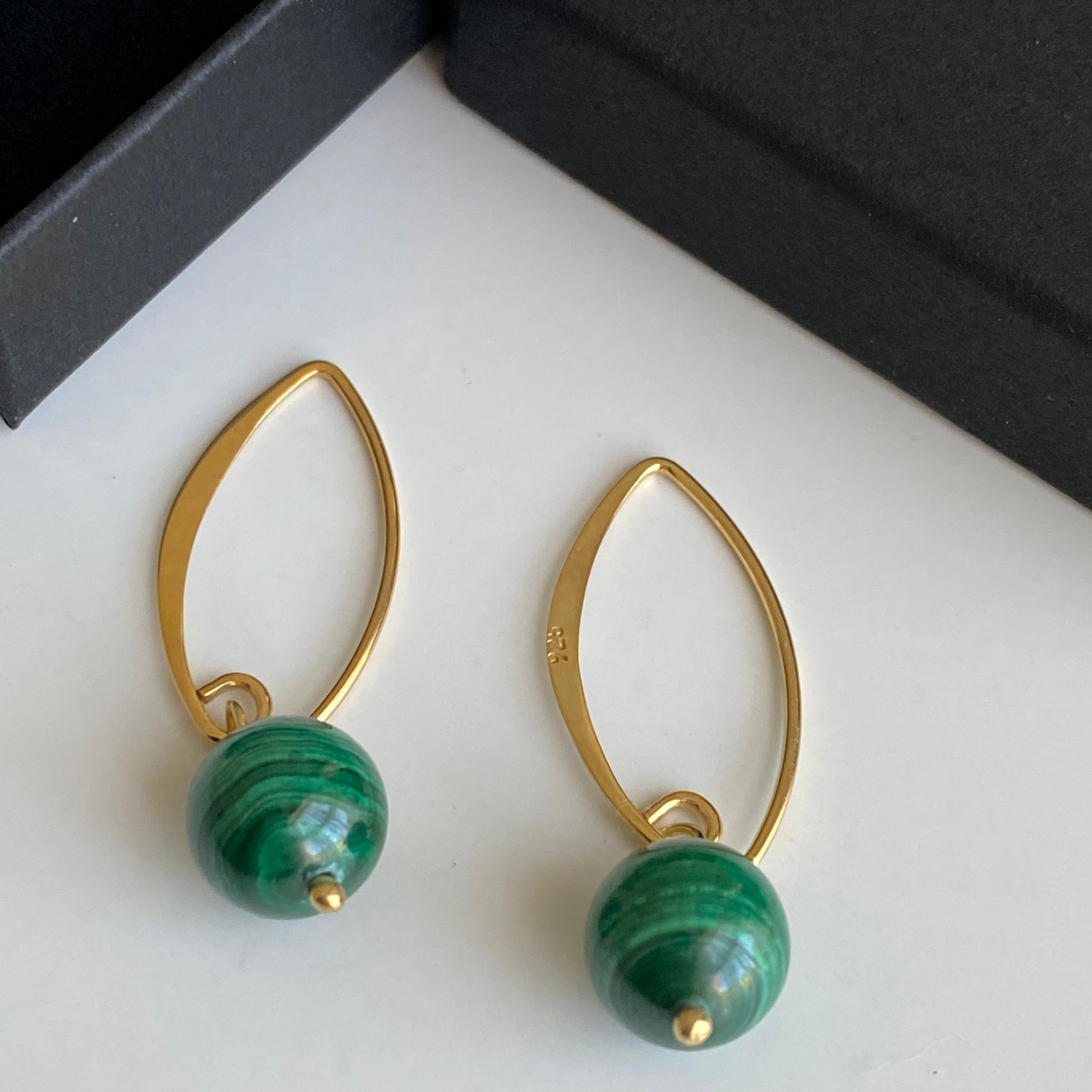 Gold Plated Sterling Silver Threader Hook Earrings - Malachite