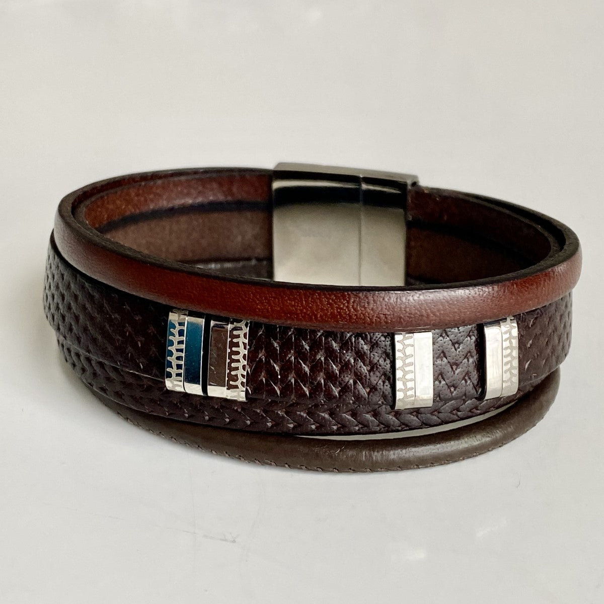 Men's Brown Nappa Leather Bracelet with 5 Bands, Spacers and a Magnetic Stainless Steel Clasp