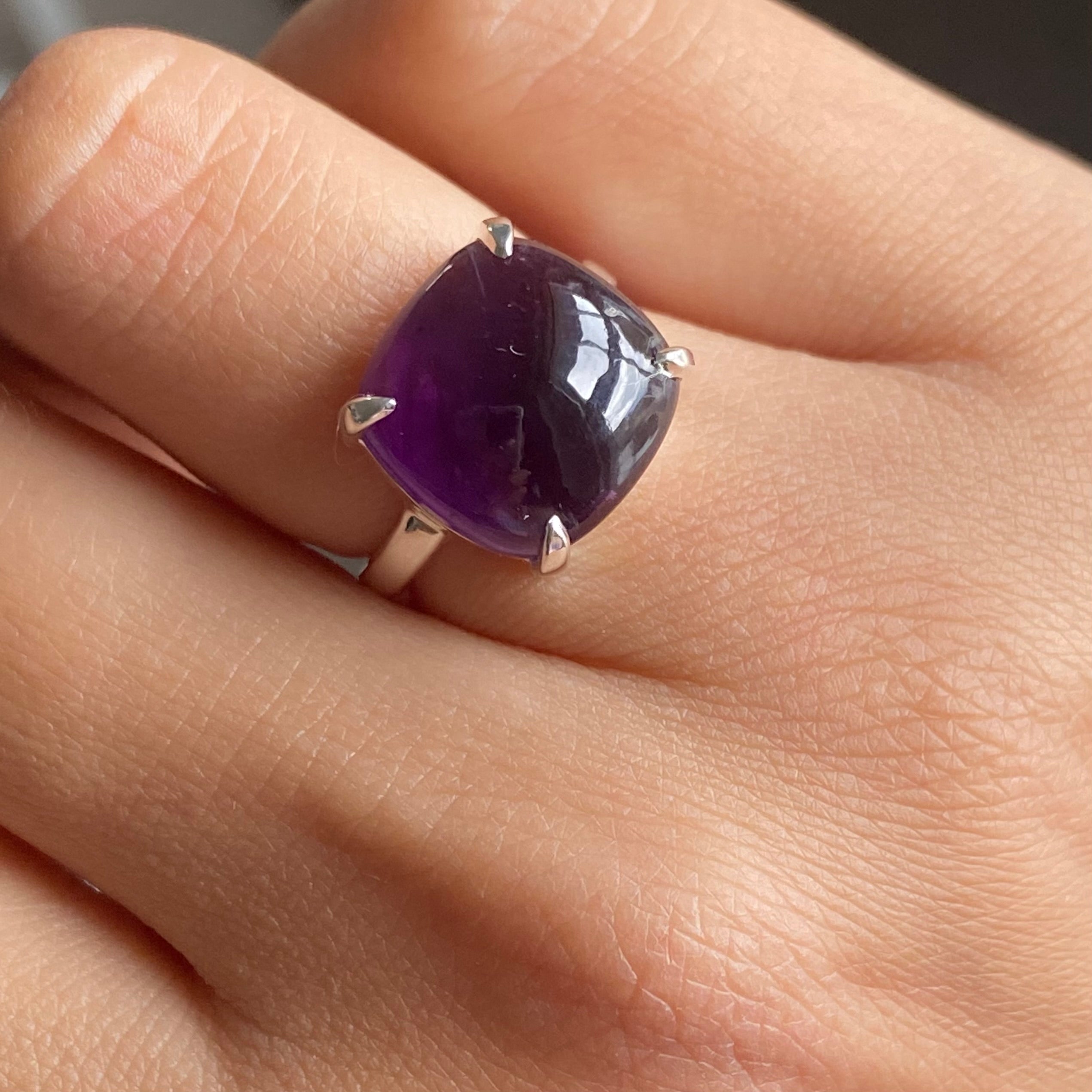 Square Cabochon Amethyst Ring in Sterling Silver