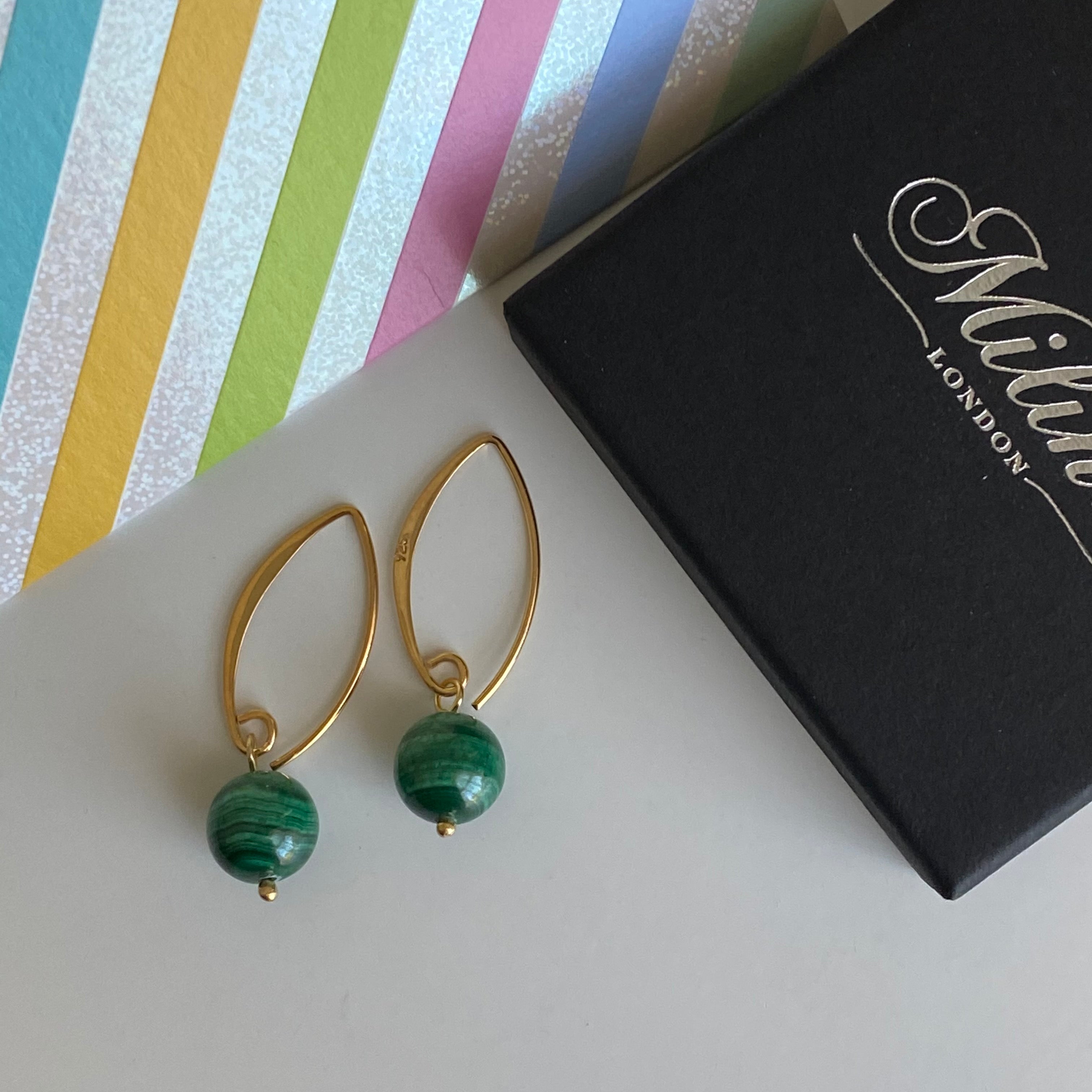 Gold Plated Sterling Silver Threader Hook Earrings - Malachite