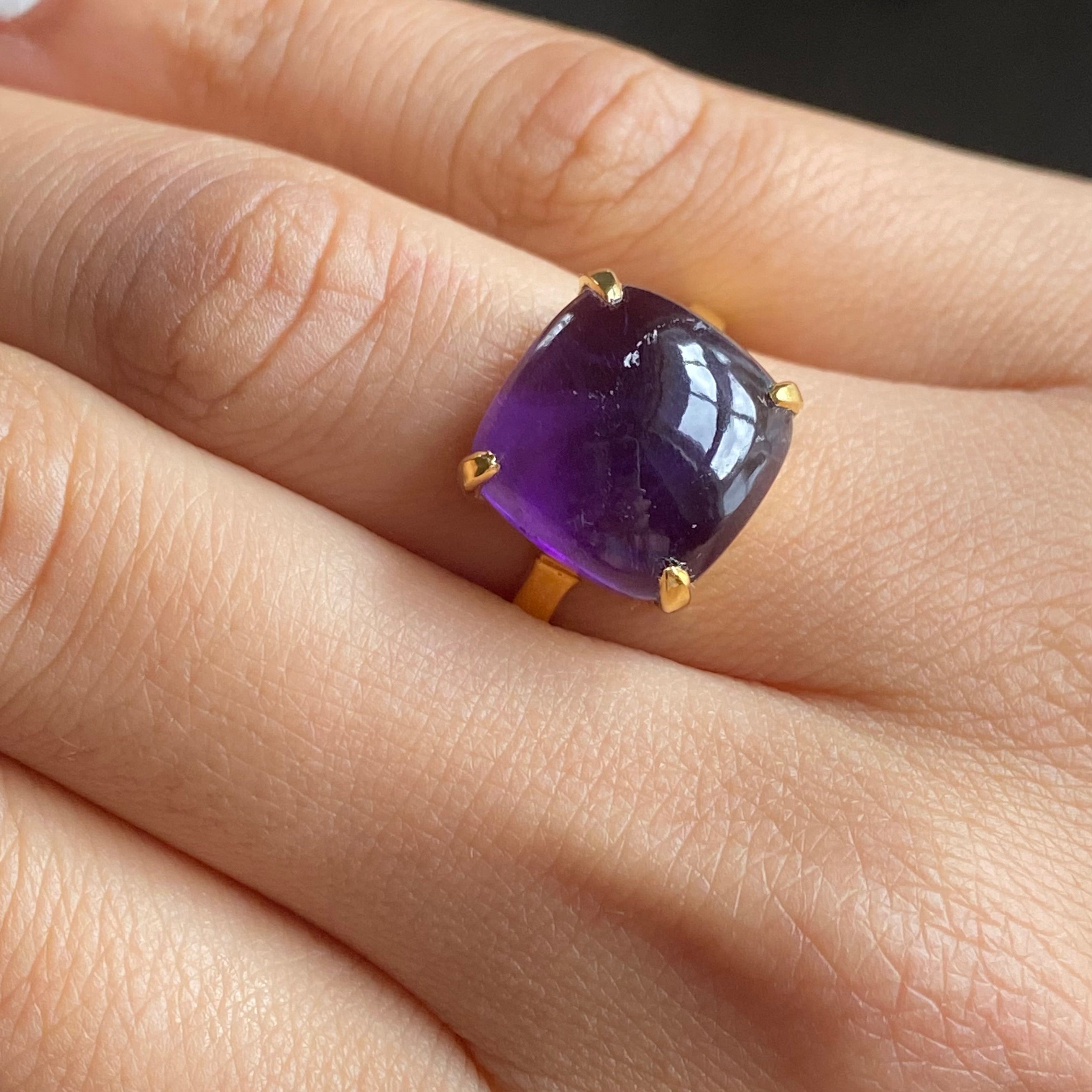 Square Cabochon Amethyst Ring in Gold Plated Sterling Silver