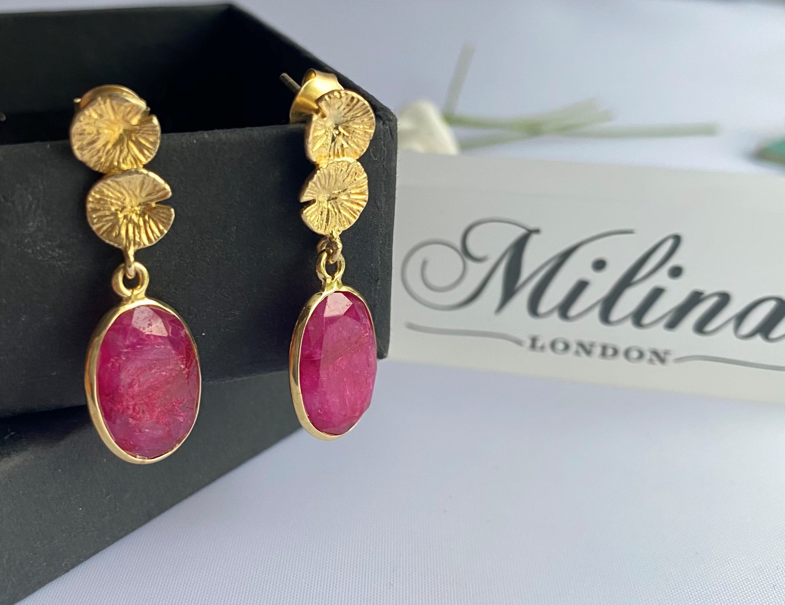 Lily Pad Earrings in Gold Plated Sterling Silver with a Ruby Quartz Gemstone Drop