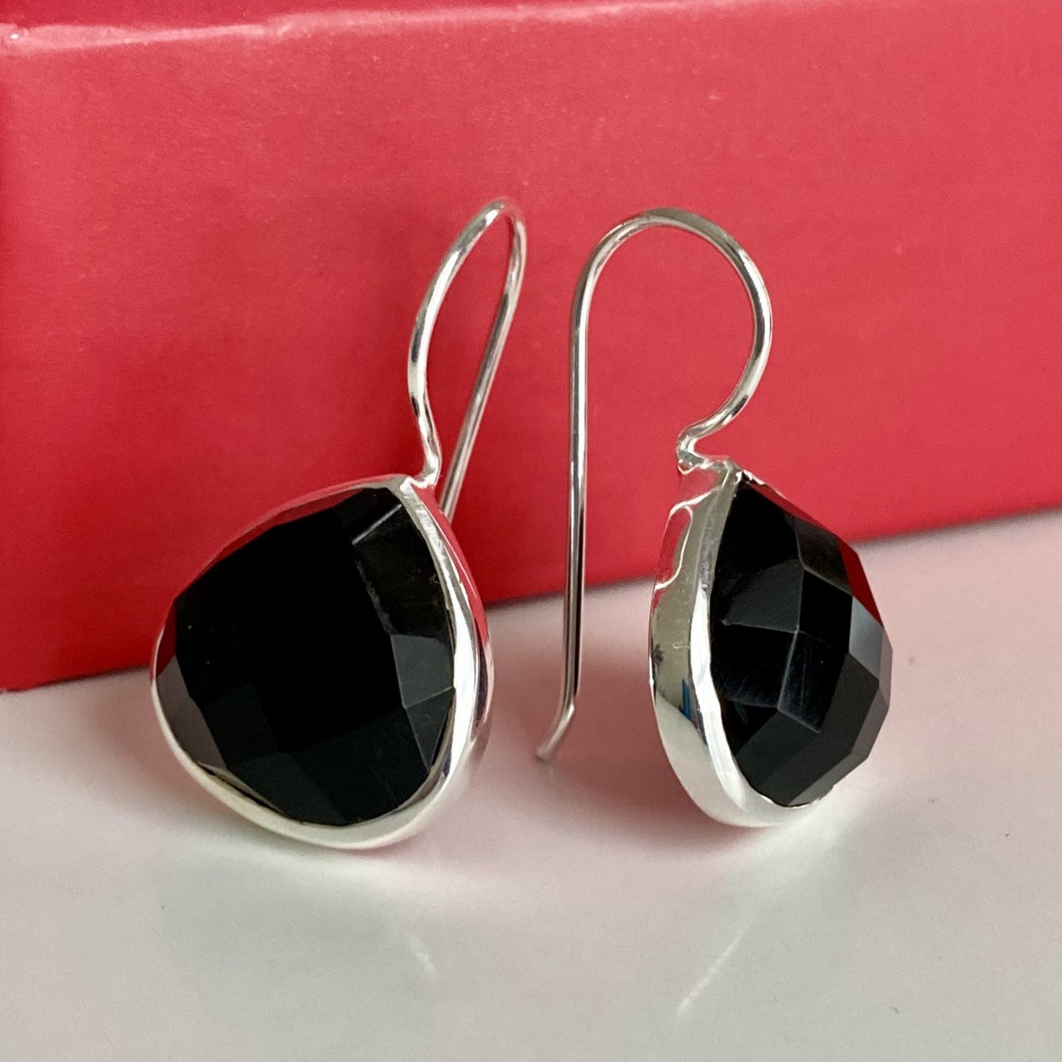 Black Onyx Gemstone Sterling Silver Teardrop Earrings