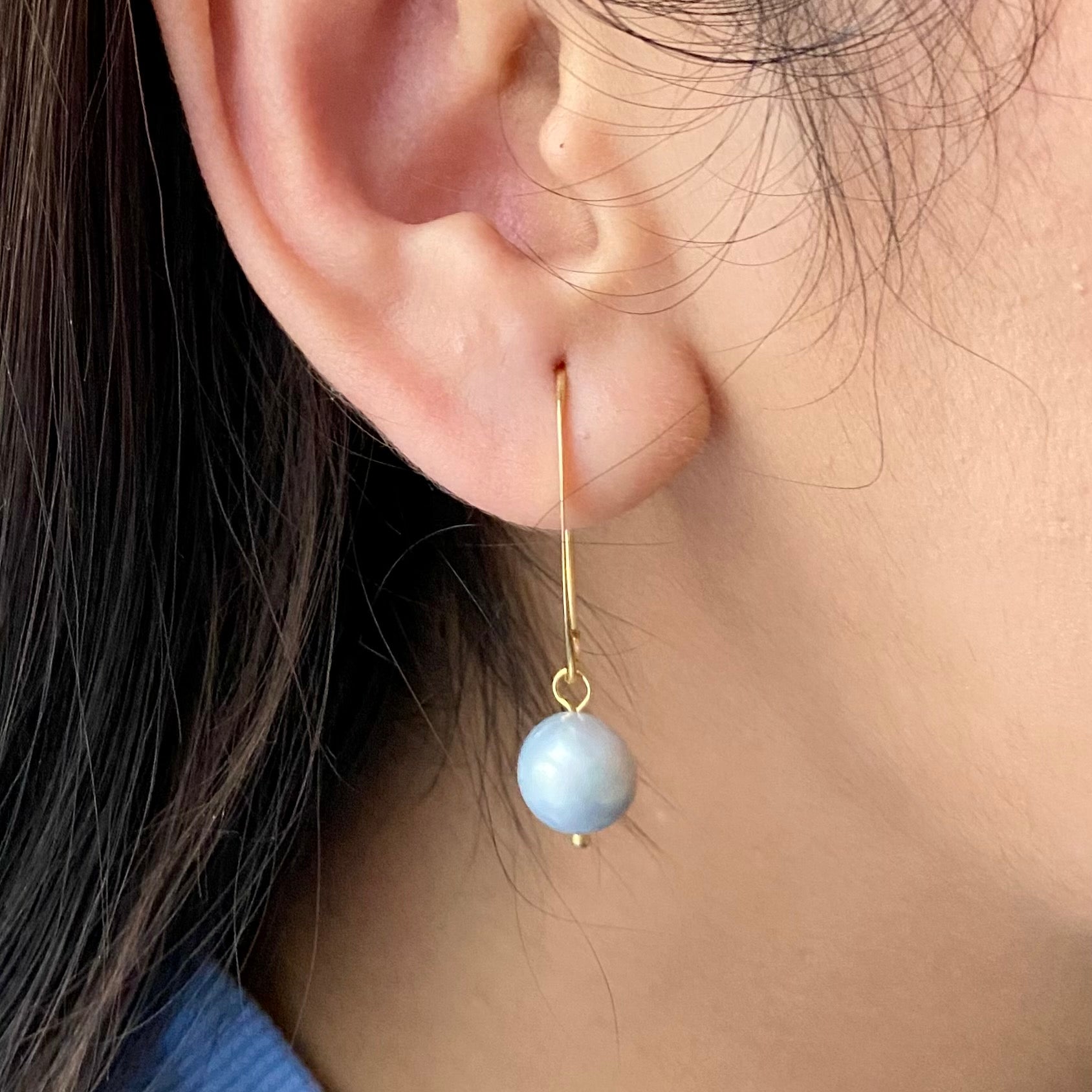 Gold Plated Sterling Silver Threader Earrings - Grey Pearl