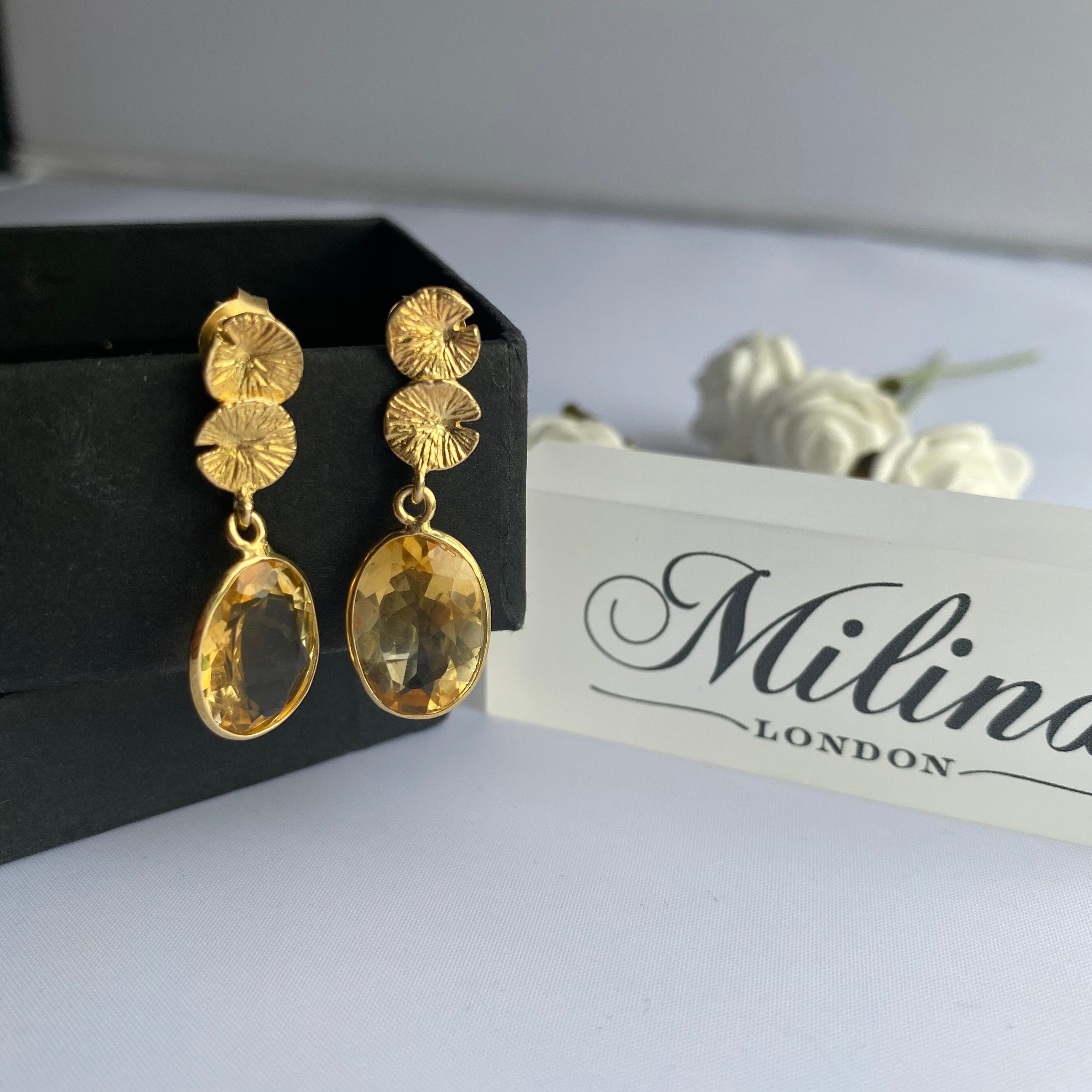 Lily Pad Earrings in Gold Plated Sterling Silver with a Citrine Gemstone Drop