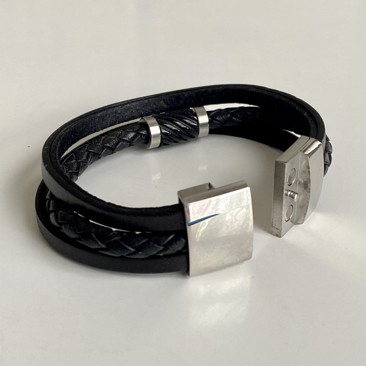 Black Nappa Leather Men's 5 Band Bracelet with Spacers and a Magnetic Stainless Steel Clasp