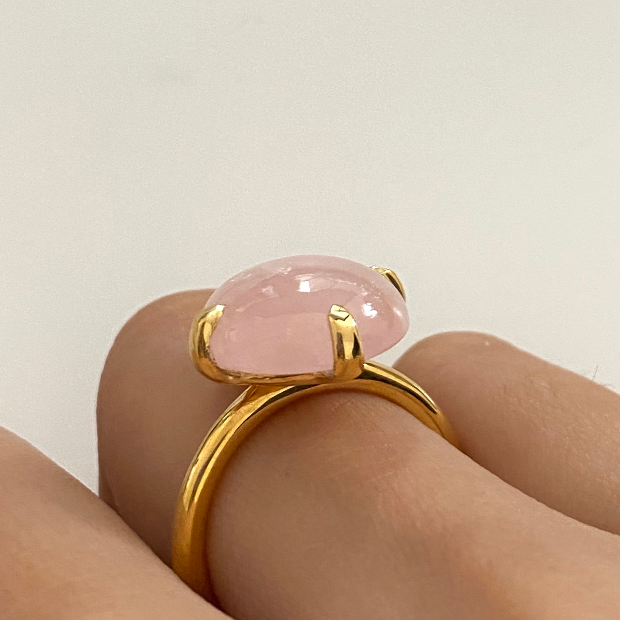 Round Cabochon Rose Quartz Ring in Gold Plated Sterling Silver
