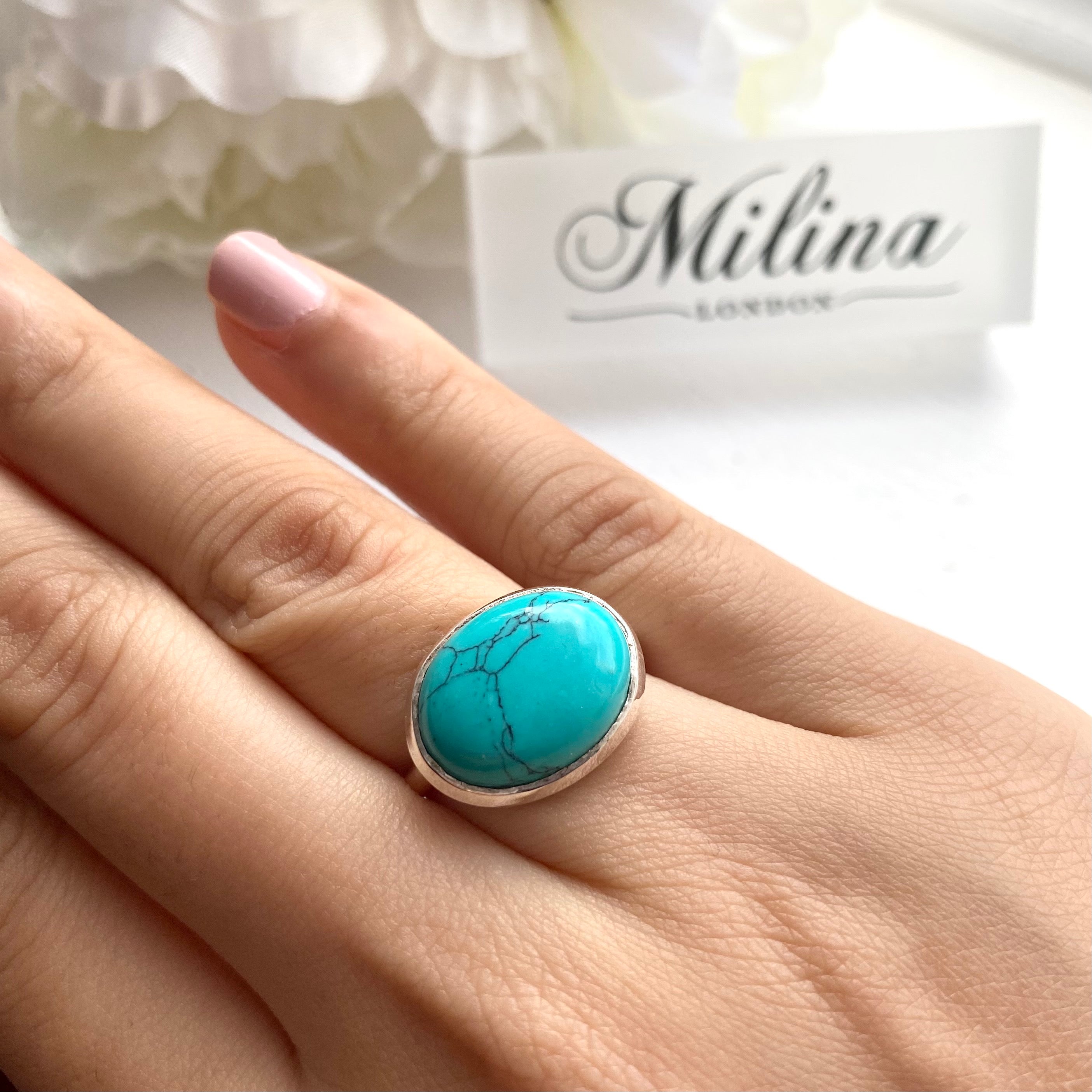 Cabochon Oval Cut Natural Gemstone Sterling Silver Ring - Turquoise
