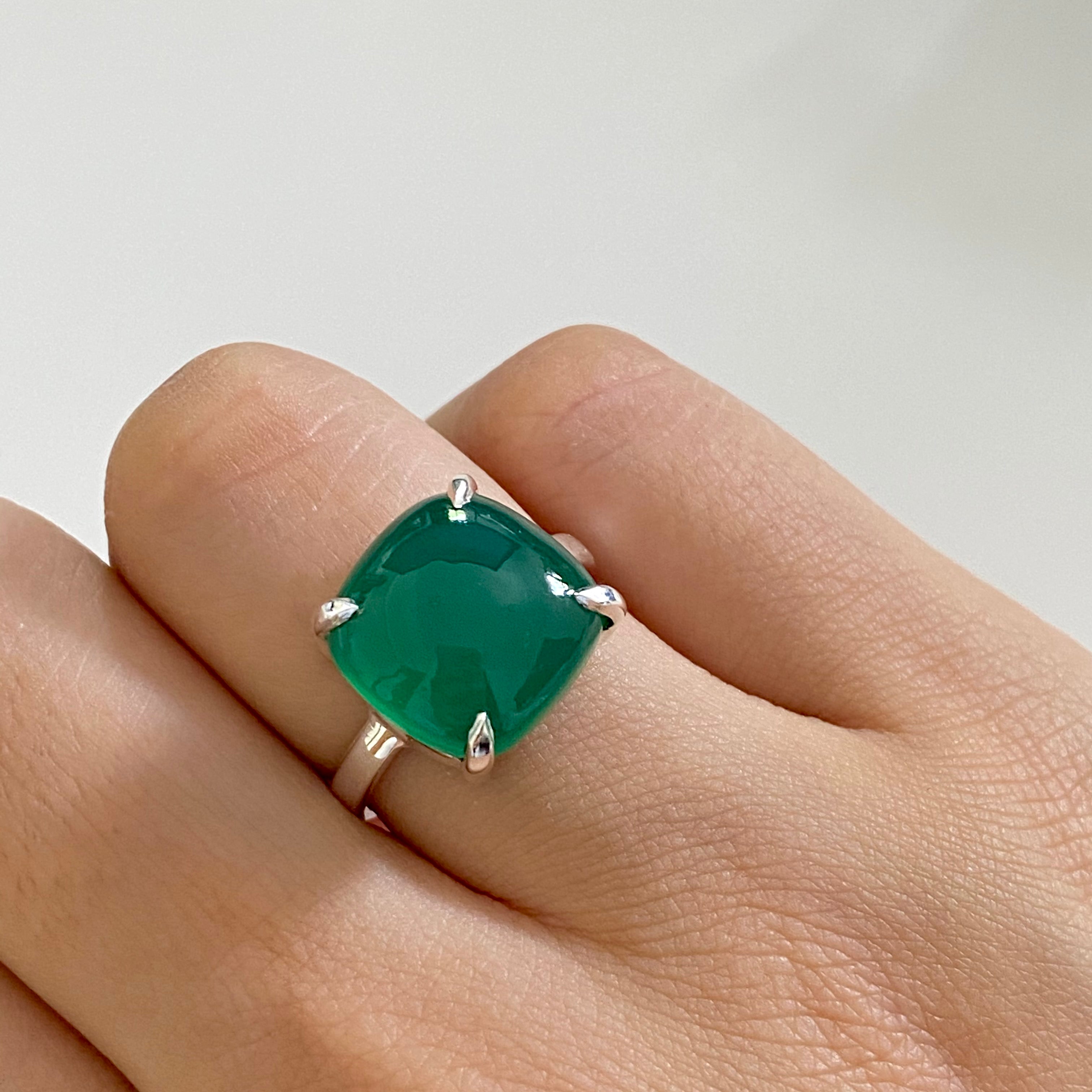 Square Cabochon Green Onyx Ring in Sterling Silver