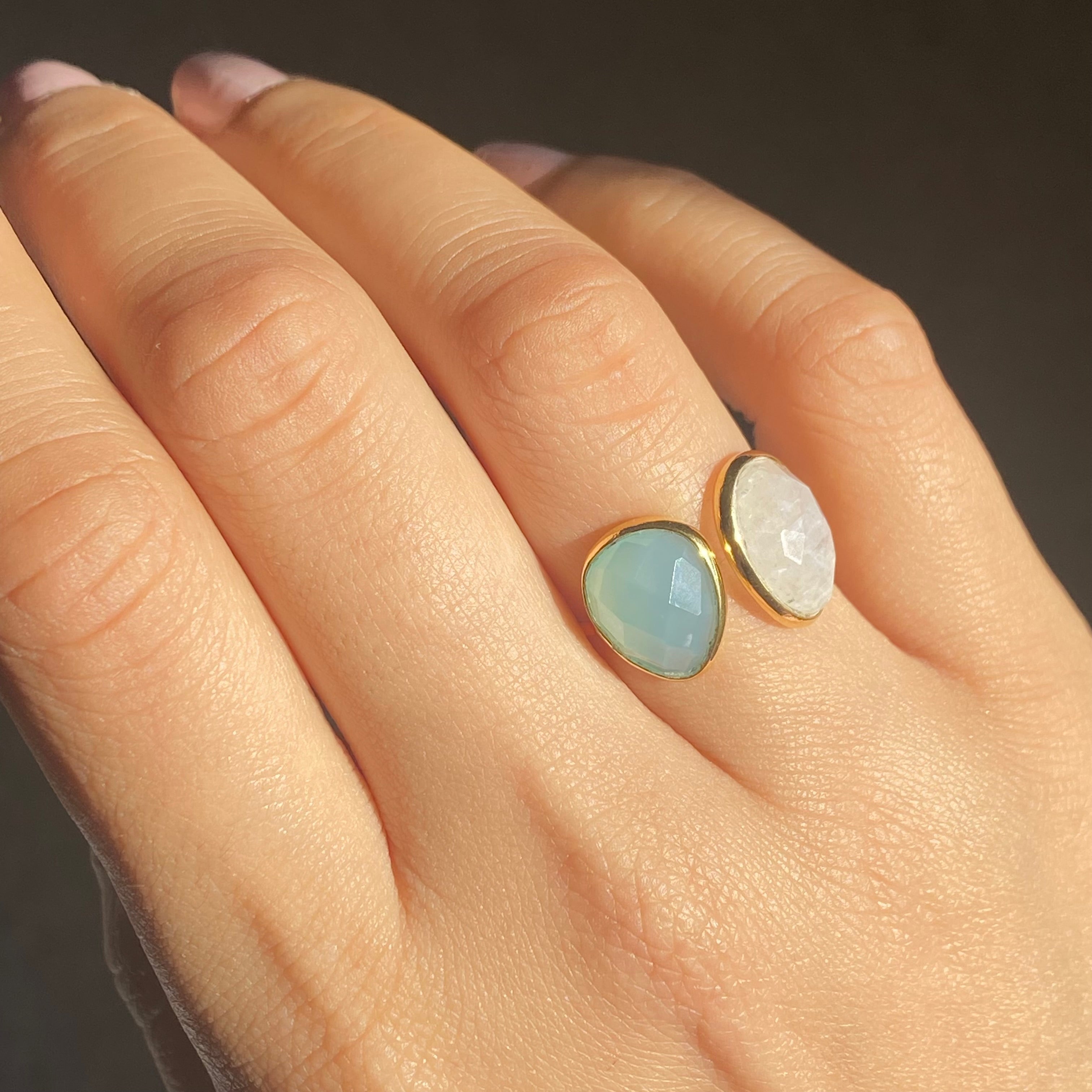 Gemstone Ring with Aqua Chalcedony and Moonstone Sterling Silver 