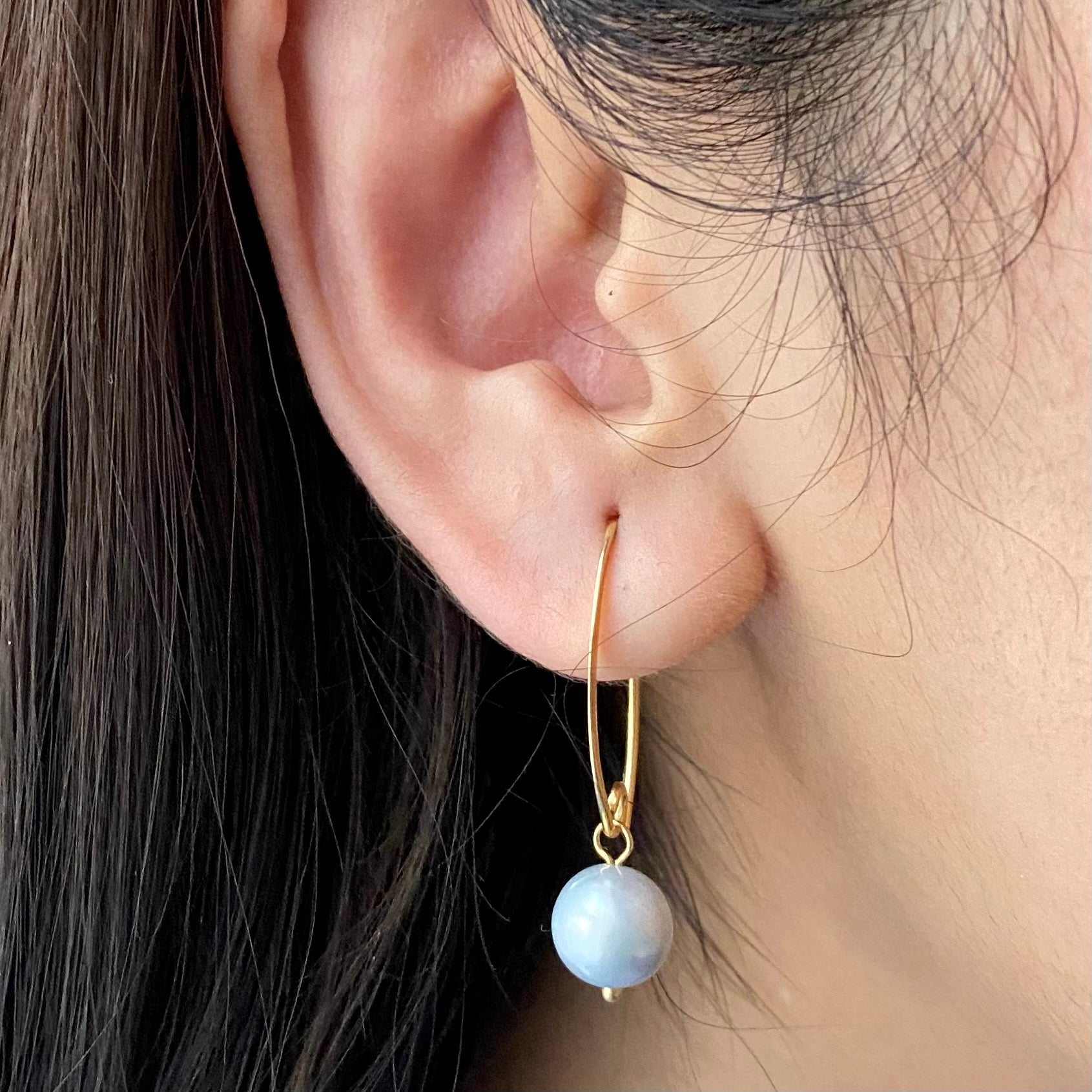 Gold Plated Sterling Silver Threader Earrings - Grey Pearl