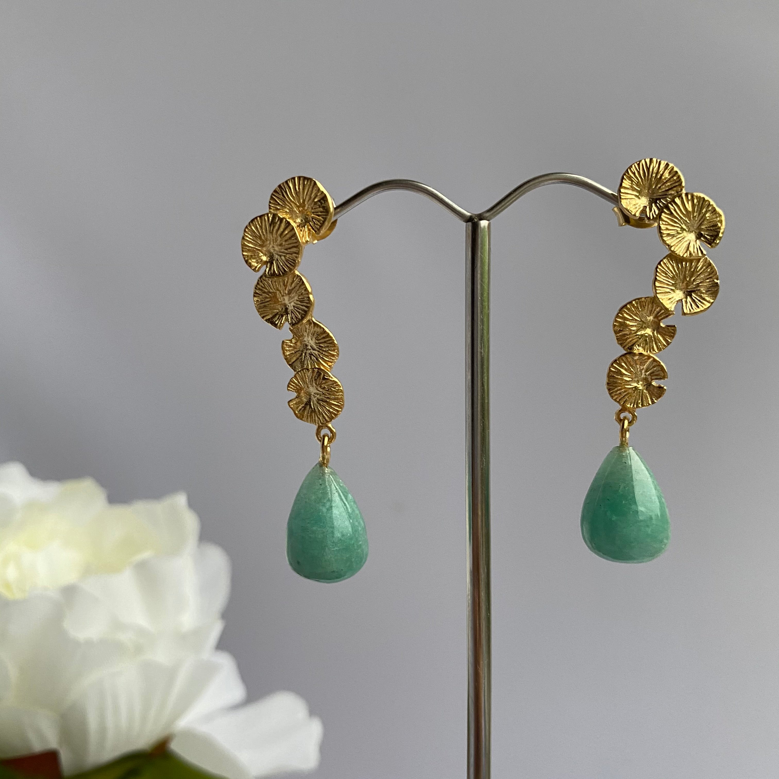 Lily Pad Earrings in Gold Plated Sterling Silver with a Amazonite Stone Drop